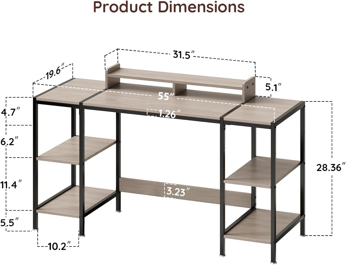 55 inch Grey Computer Desk Gaming Desk with Monitor Stand, Home Office Desk for 2 Monitors, Writing Desk with Adjustable Storage Space,Sturdy and Durable Modern Small Desk