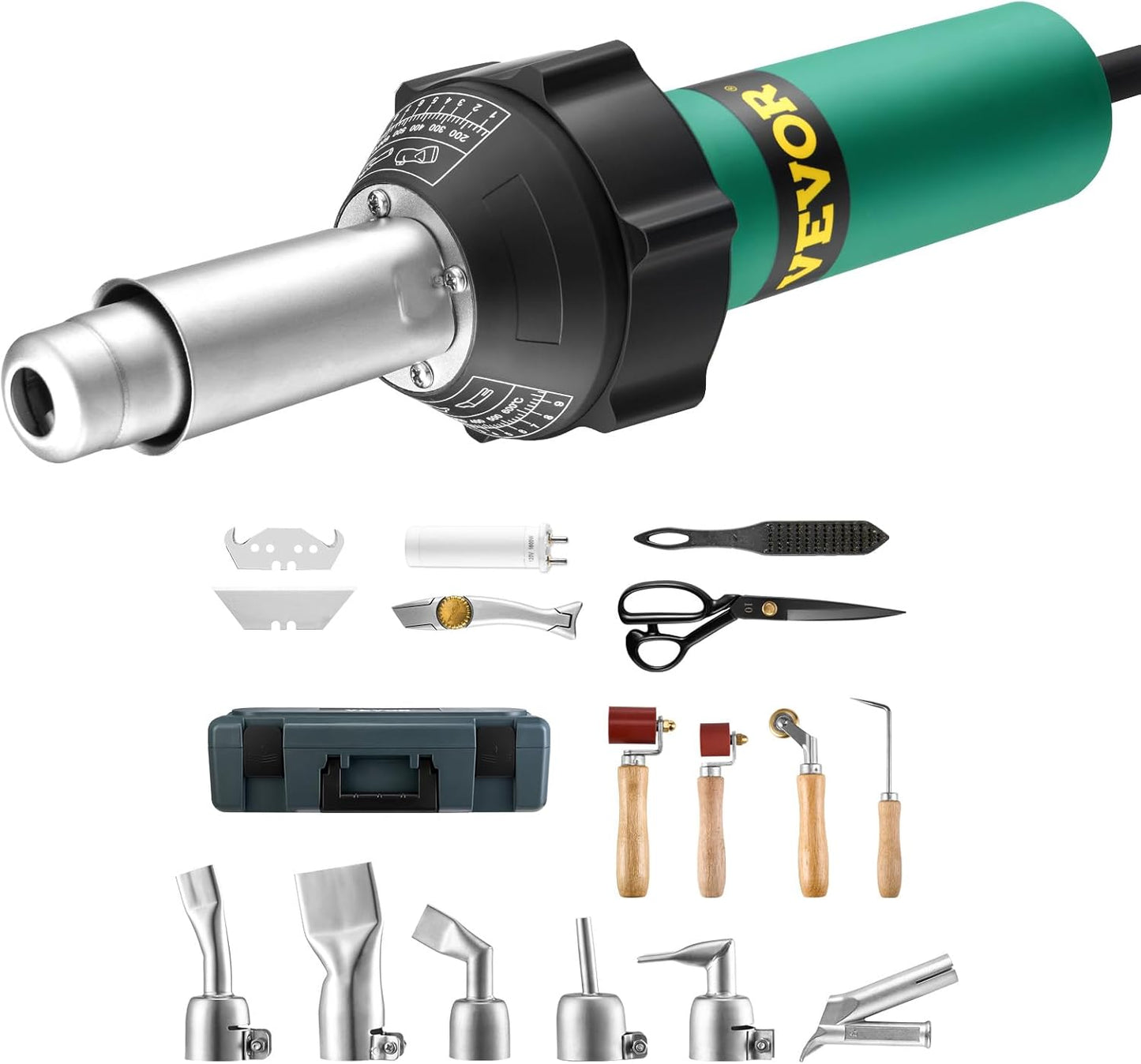 VEVOR Hot Air Plastic Welder, 1600W Hot Air Torch Pistol, 122-1112℉ PVC TPO Vinyl Heat Gun Welding Torch, Plastic Roofing Welding Kit with 14 Accessories- Toolbox, Nozzle, Roller, Blades for PP/PE/PVC
