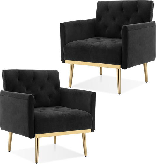 Black Velvet Accent Chairs Set of 2, Comfy Button Tufted Armchair, Upholstered Arm Chair Single Sofa Reading Chairs with Arms and Gold Metal Leg for Living Room Bedroom Nursery Office