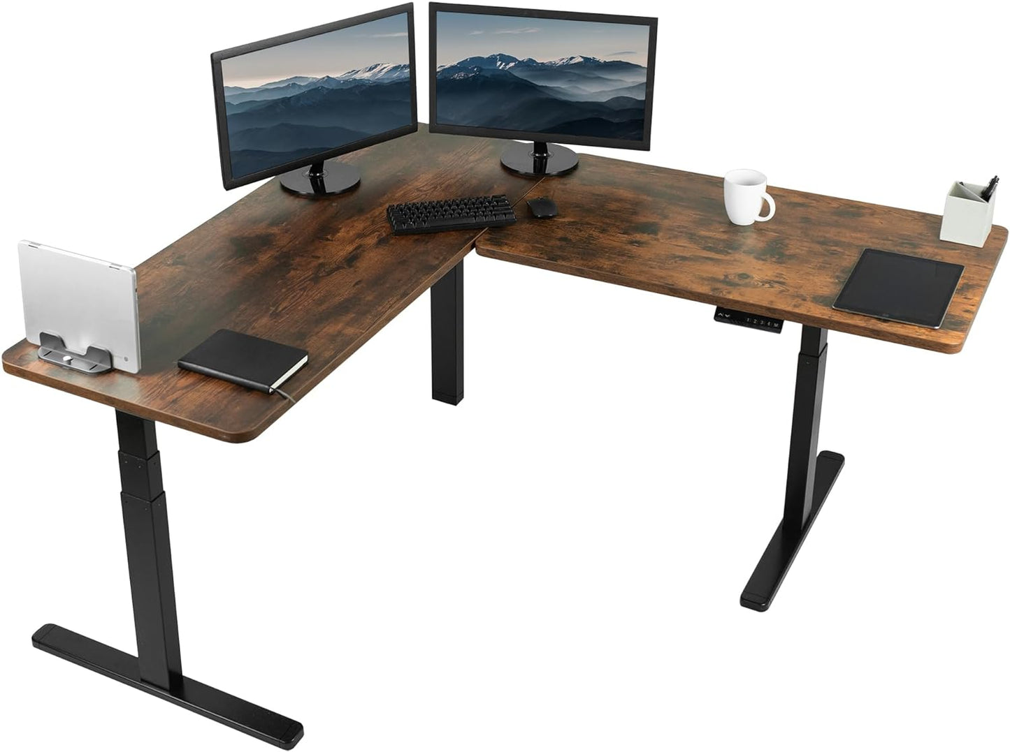 VIVO Electric Height Adjustable 83 x 60 inch Corner Stand Up Desk, 2 Light Wood Solid Table Tops, White Frame, Memory Controller, L-Shaped Workstation, 3E Series, DESK-KIT-3E8C