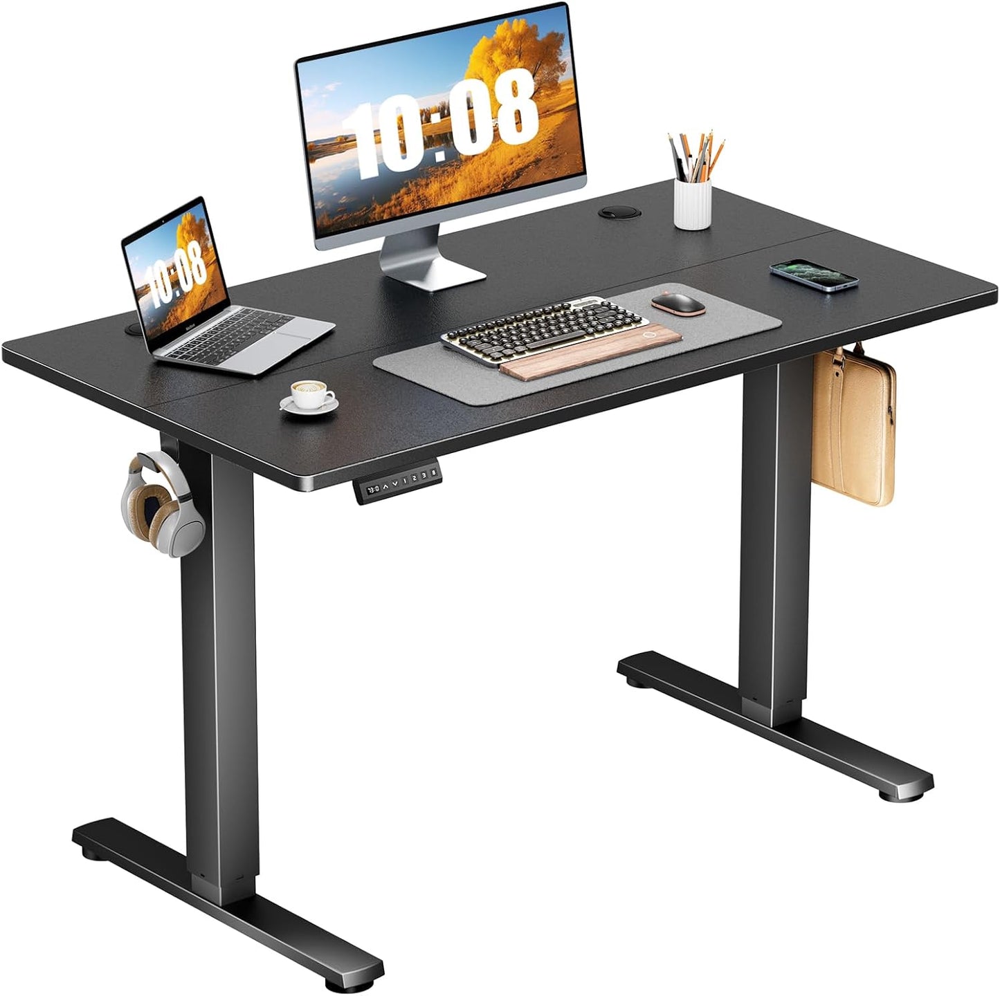 Sweetcrispy Electric Standing Desk Adjustable Height, 48x24 Inch Sit Stand Up Home Office Desks Computer Workstation PC Work Table with 3 Memory Preset Splice Wood Board Metal Frame, White