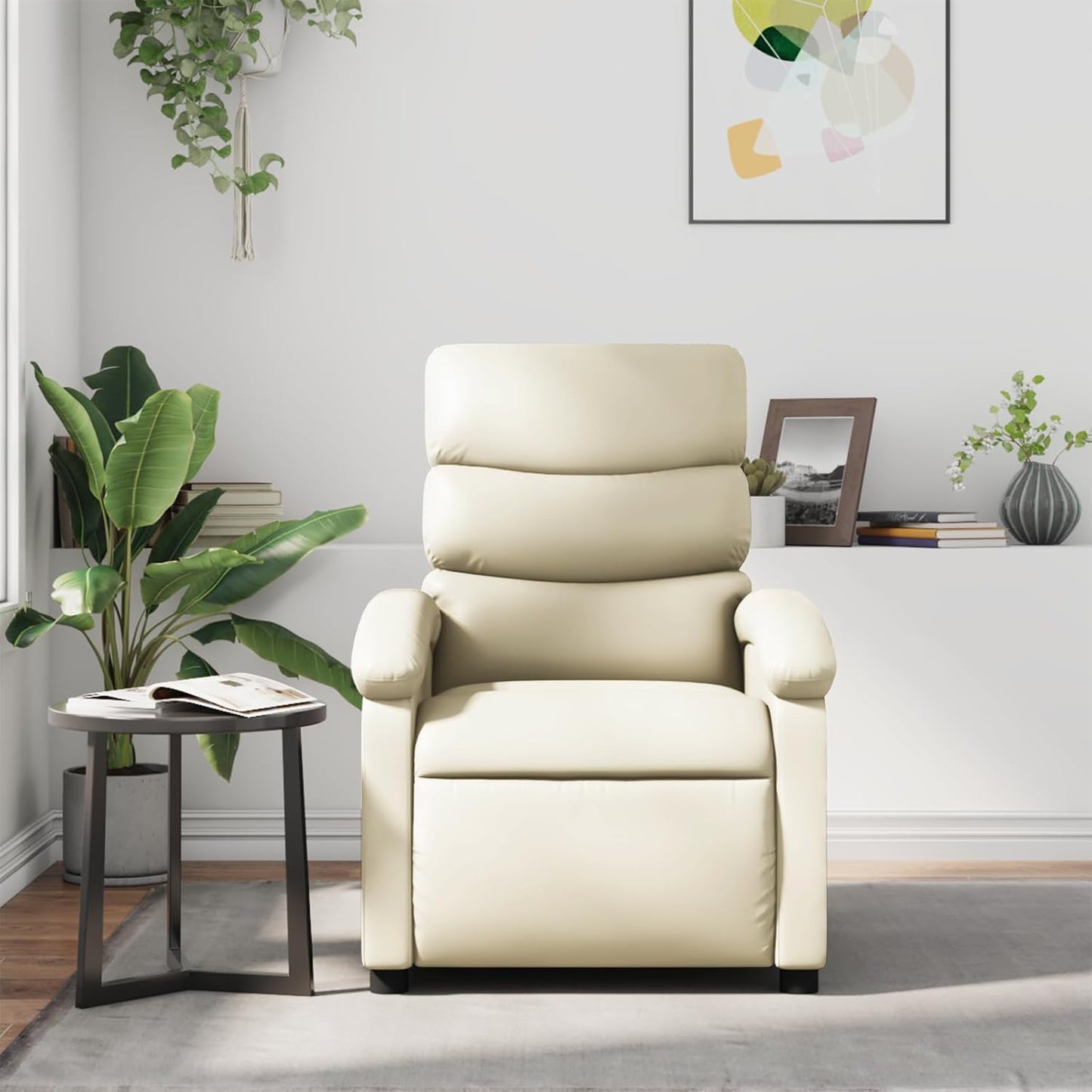 vidaXL Massage Recliner Chair for Adults, Single Theater Seating with Vibration Massage & Manually Adjustable Backrest/Footrest, Modern Reclining Sofa for Living Room, Cream Leather