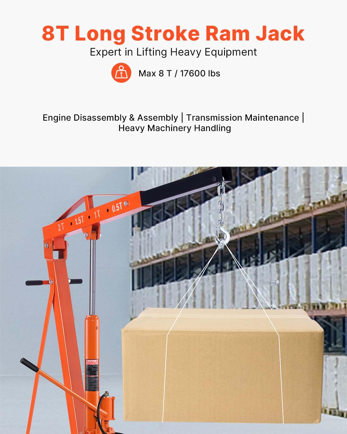 VEVOR 8-Ton Hydraulic Long Ram Jack, Engine Hoist Cylinder with Air Pump & Single Piston, Clevis Base Cylinder for Engine Lifts, Garage/Shop Cranes, Mechanical & Farm Applications