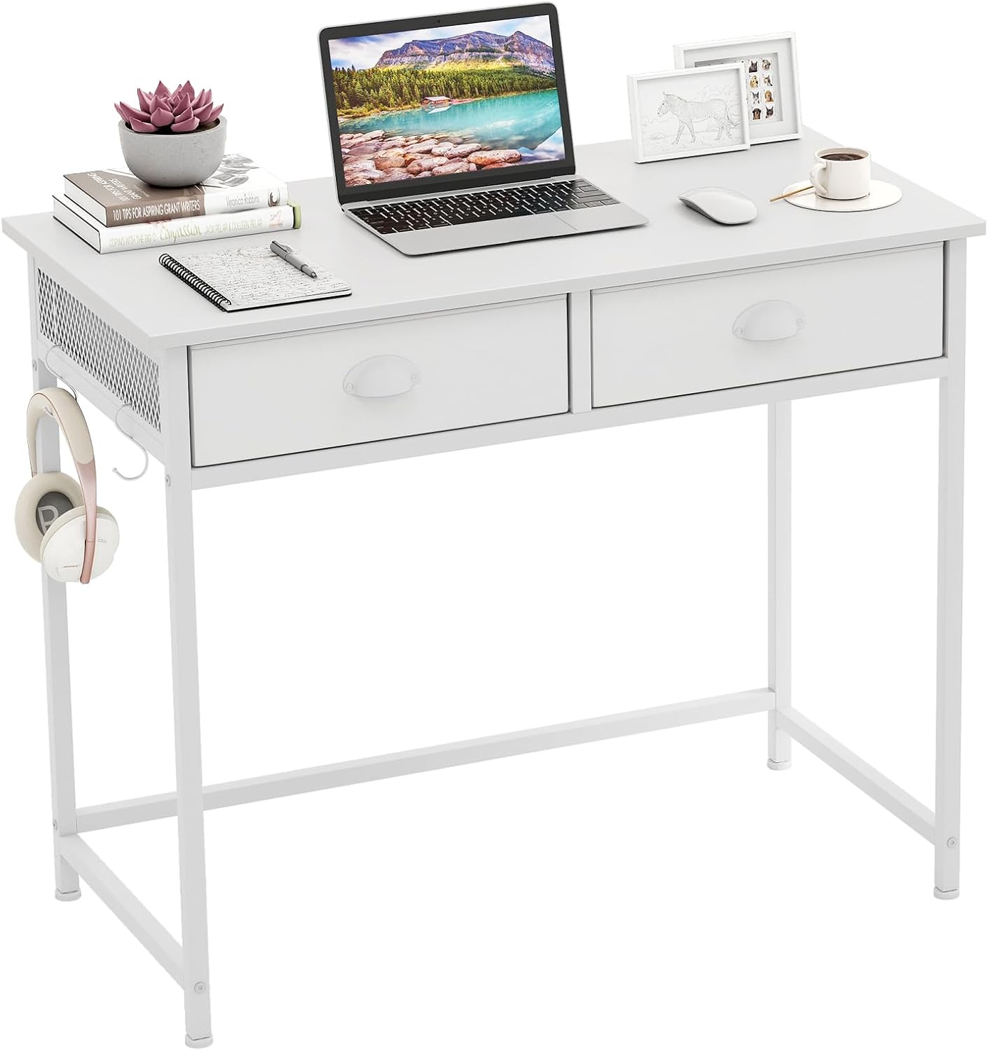 Tangkula Computer Desk with 2 Storage Drawers & 4 Hooks, Home Office Study Writing Desk with Metal Frame, Computer Workstation, Space Saving Laptop Desk for Bedroom Living Room (White)