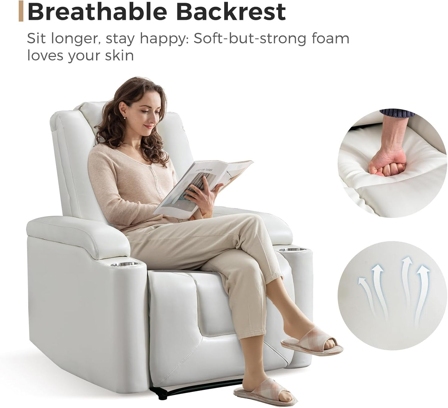 ANJ White Power Recliner Chair Electric Home Theater Seating Soft Leather Movie Chair for Living Room Overstuffed Single Reclining Sofa with Hidden Arm Storage, Cup Holders and USB Ports (Cream White)