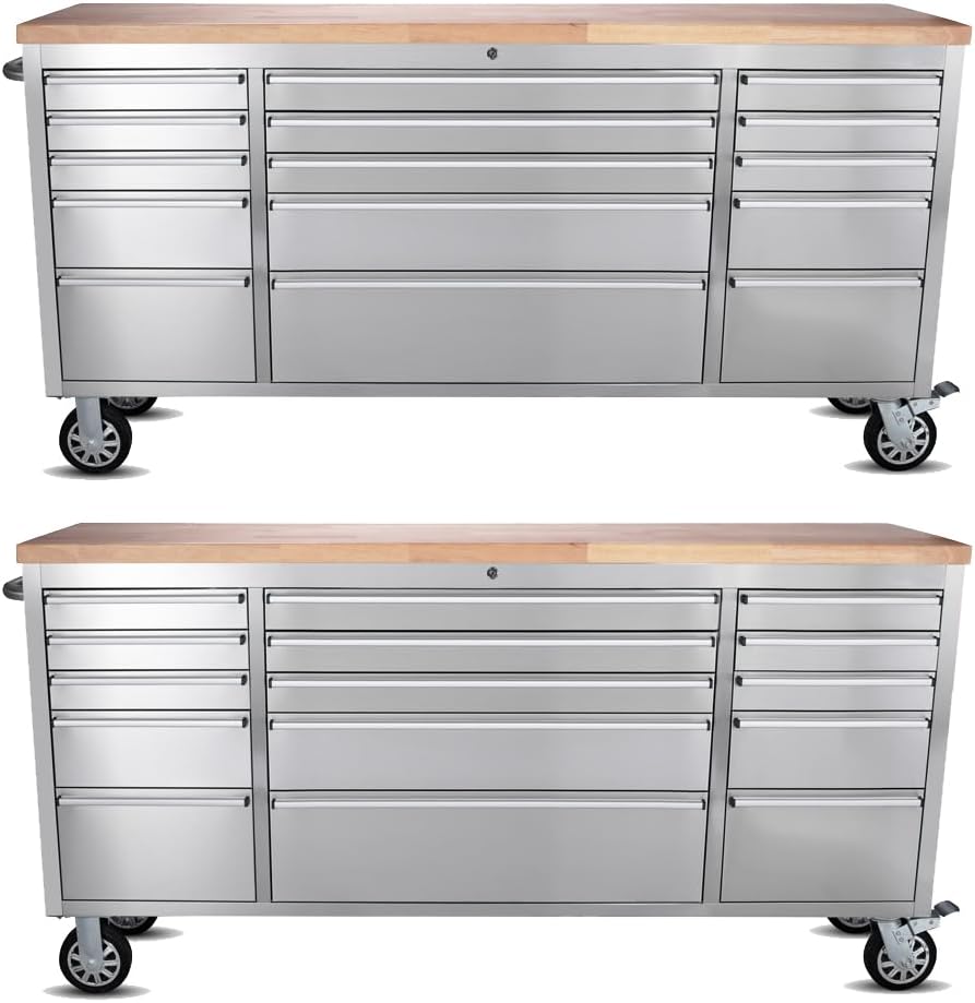 2 Pack - 72" Stainless Steel Rolling Tool Chest with 15 Drawers, Mobile Workbench, Assembled Large Tool Box Lockable Storage Cabinet with Wheels for Garage Workshop (2 × HTC7215W1)