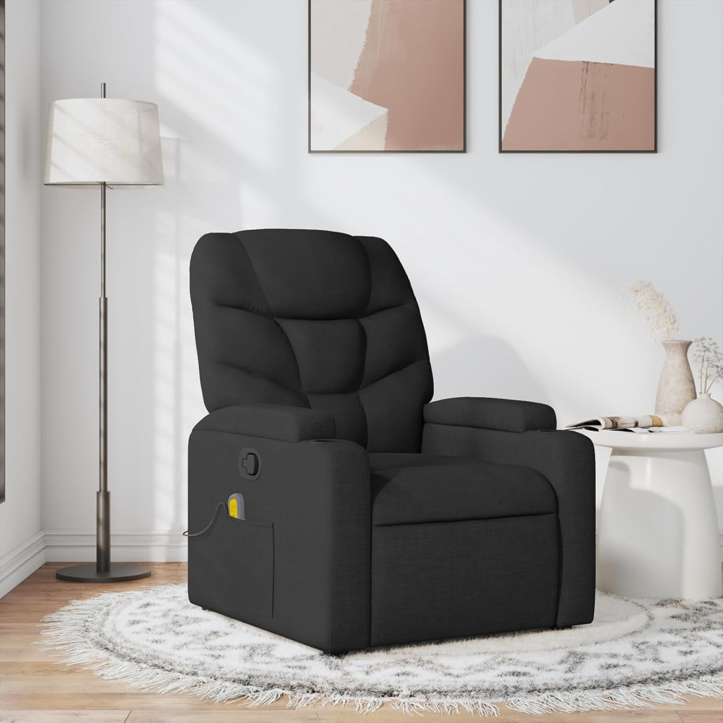 vidaXL Black Fabric Recliner Chair with 6-Point Vibration Massage, Adjustable Backrest & Footrest, Cup Holders, Side Pocket, Padded Seat, Perfect for Living Room or Home Theater Seating