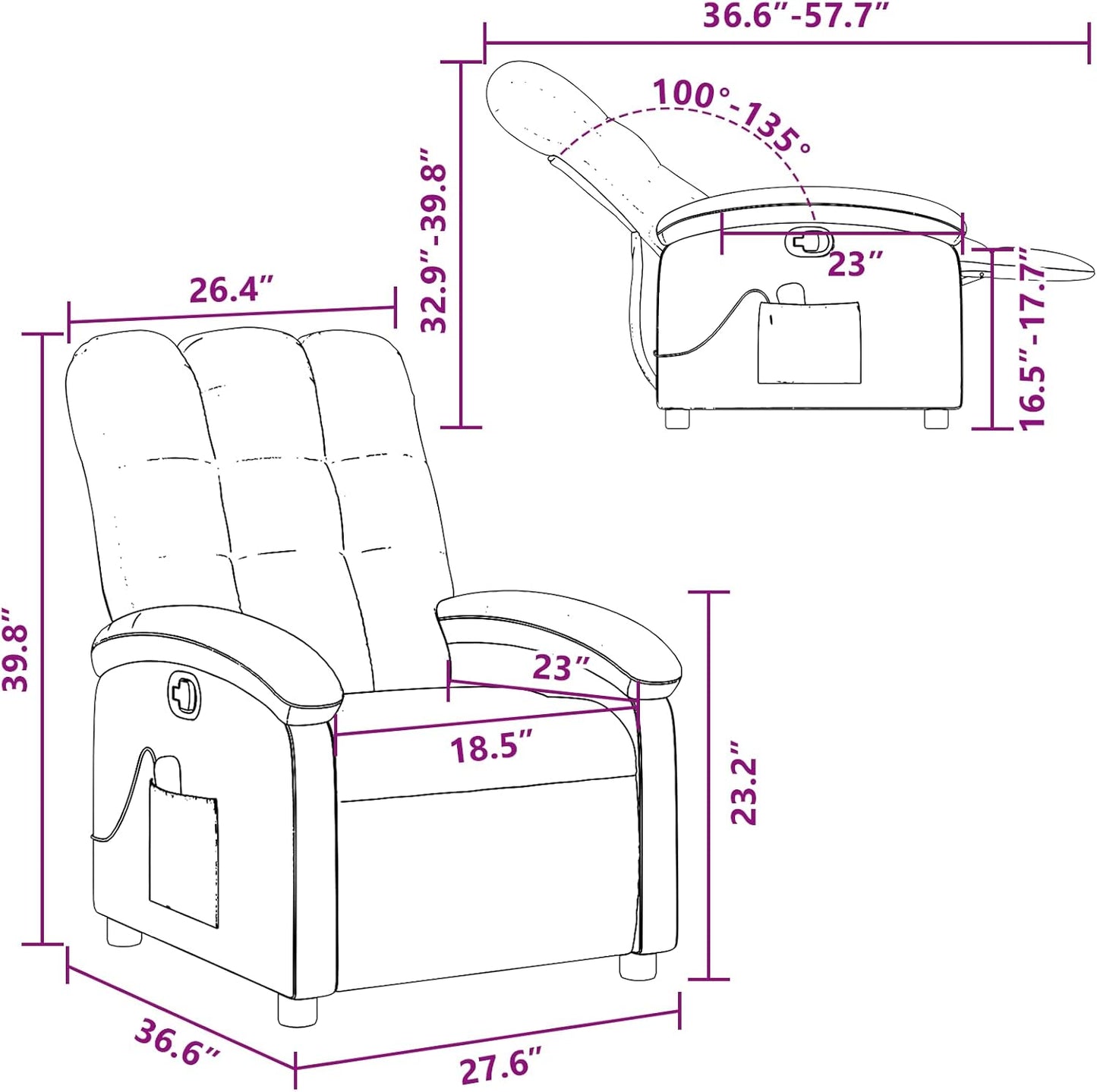vidaXL Massage Recliner Chair for Adults, Single Theater Seating with Vibration Massage & Manually Adjustable Backrest/Footrest, Modern Reclining Sofa for Living Room, Black Fabric