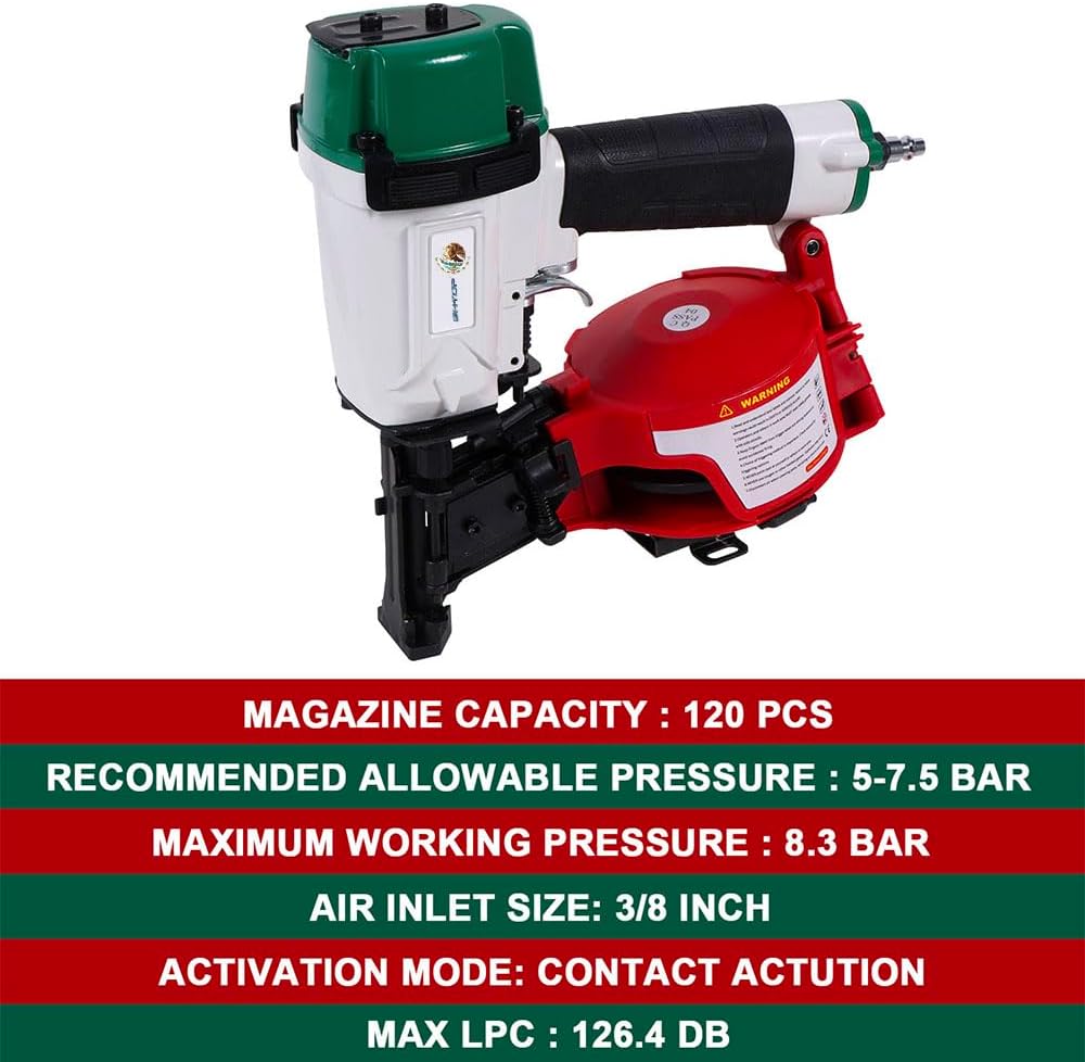 BHTOP Mexican CN45N Roofing Nailer, 15 Degree Roofing Nail Gun, 3/4-Inch to 1-3/4-Inch Coil Nails, 120-pcs Load Capacity Coil Naile (Green/Red)