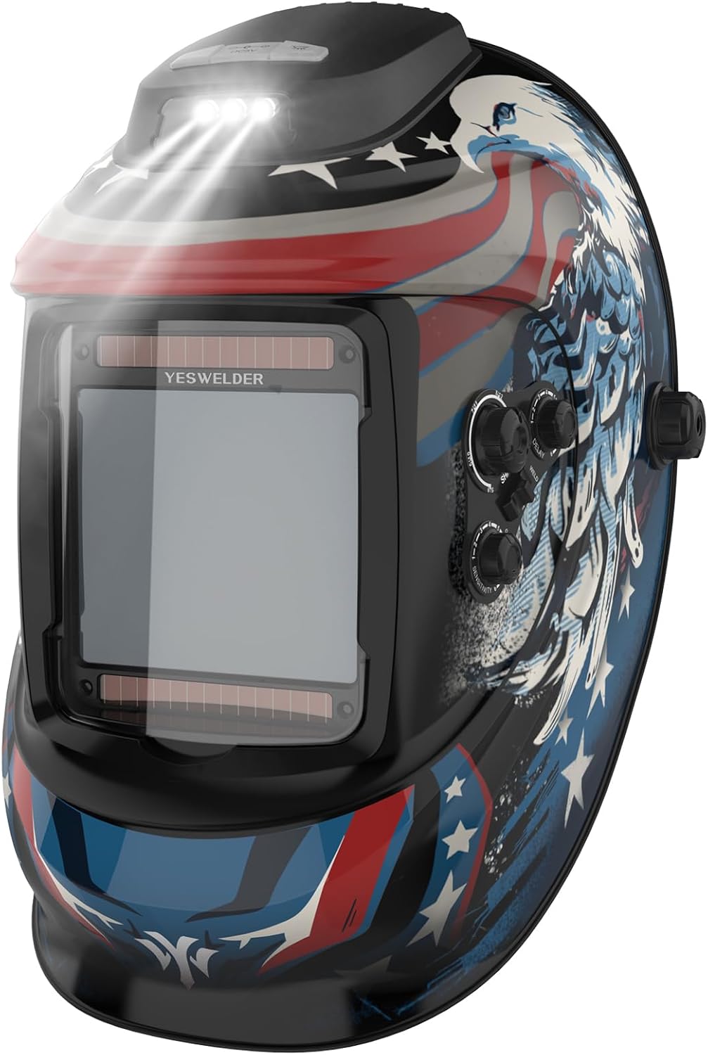 YESWELDER Auto Darkening Welding Helmet with Rechargeable Fan and Light, 3.93"X3.66"Large View 1/1/1/1 True Color 4 Arc Sensor Solar Powered Welding Hood, 3/5-9/9-13 Wide Shade Weld Mask LYG-30800H-W