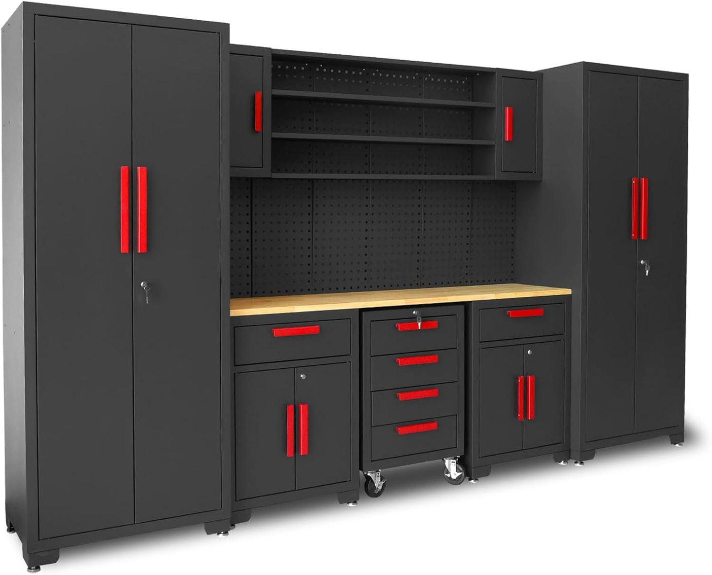 Torin 12 Piece Garage Storage Cabinet Set: Workshop Tool Organizer Chest with Lockers, Shelves and Wood Workbench, Black/Grey