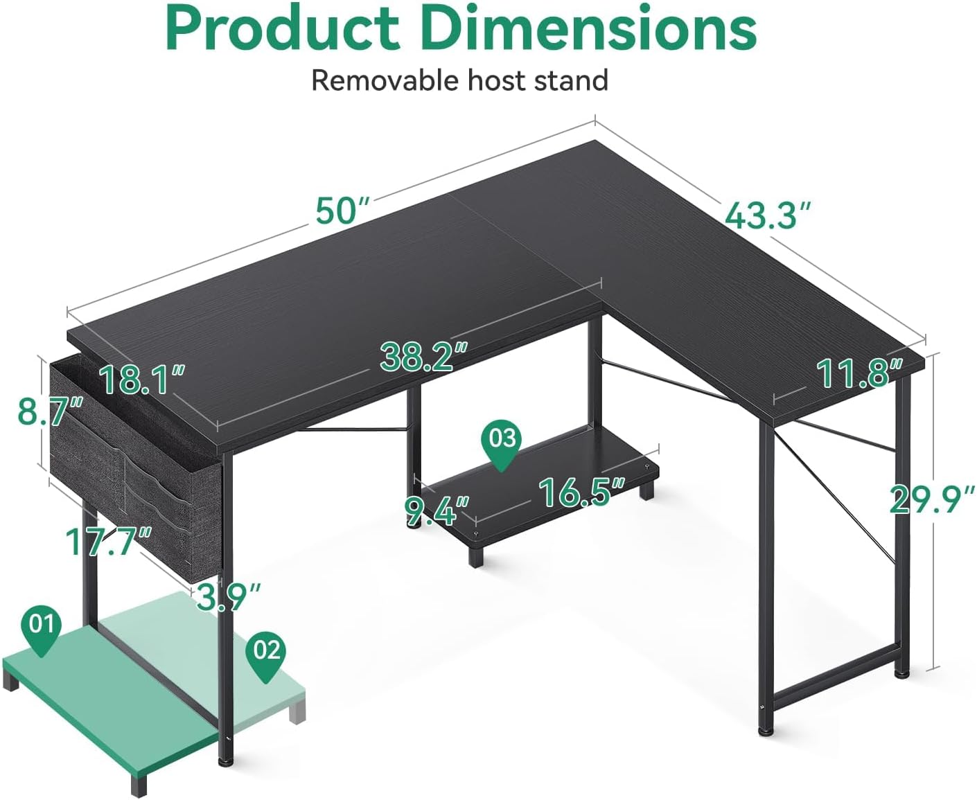 AODK L Shaped Desk, 50 Inch Computer Desk with Storage Bag, Reversible Home Office Desk with Host Stand, Black Corner Table for Bedroom Studio, Modern Wood PC Desk for Study Work