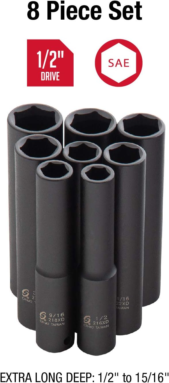 SUNEX TOOLS 2848, 1/2 Inch Drive Impact Socket Set, Extra Long Deep, 8-Piece, SAE, 1/2"-15/16", Cr-Mo Alloy Steel, Radius Corner Design, Dual Size Markings, Heavy Duty Storage Case