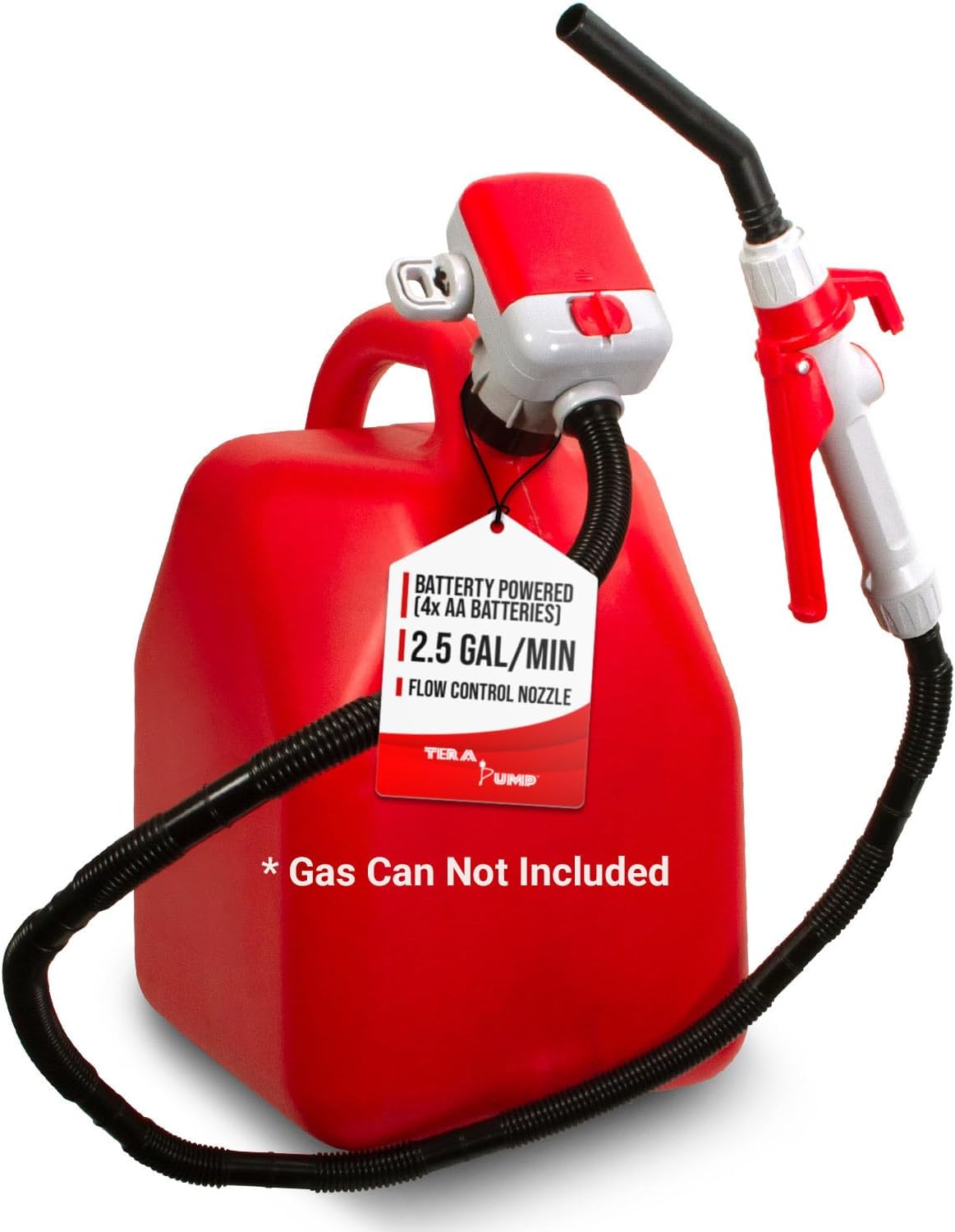 TERA PUMP TRFA01-XL 2nd Gen. Battery Powered Overfill Protection Fuel Transfer Pump w/Universal Gas Can & Utility Jug Adapter, 4.27ft Vinyl Hose, 2.5 GPM for Gas Diesel E15 E85 Fuels