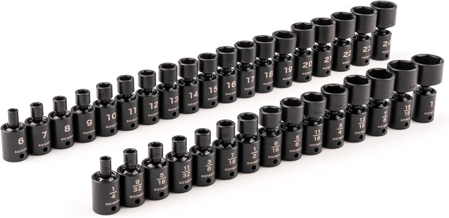 TEKTON 3/8 Inch Drive 6-Point Universal Joint Impact Socket Set with Case, 34-Piece (1/4-1 in., 6-24 mm) | SID97303