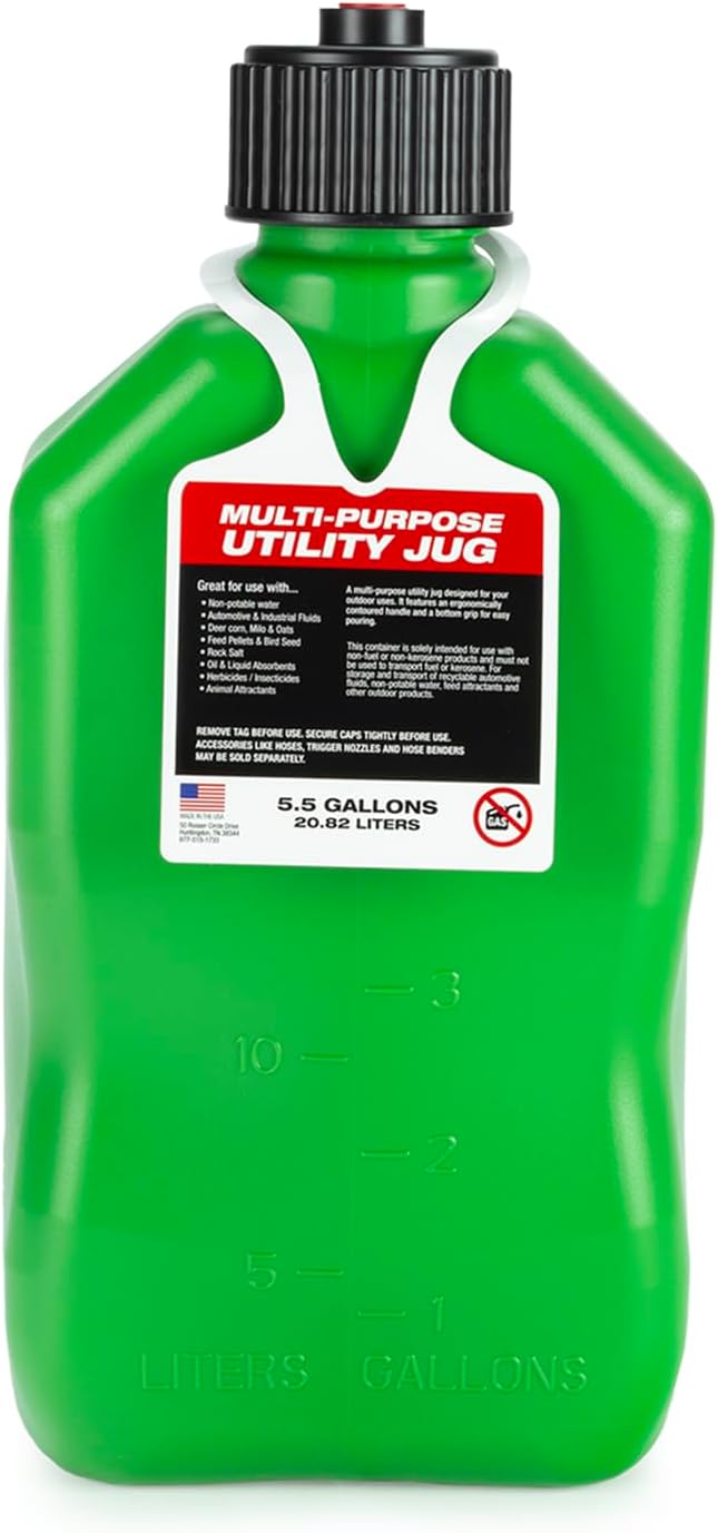 VP Racing 3562-CA, 5.5 Gallon Square Motorsport Jug Green w/ 14" Standard Hose (2 Pack) Close-Trimmed Cap and Neck for Tight Seal