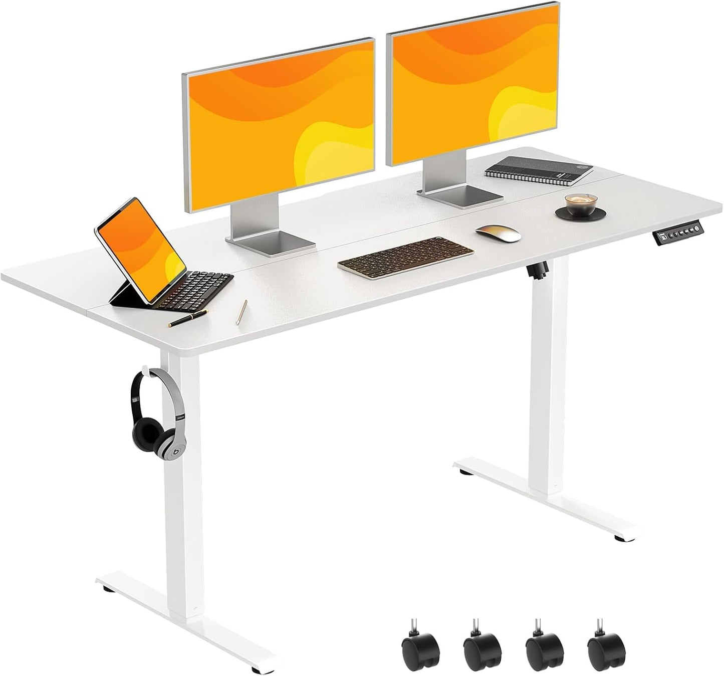 63 x 28 Inch Electric Standing Desk Adjustable Height,Sit Stand Up Desk with Wheels,Home Office,Rising Desk,Computer Workstation, Gaming Work (Spliced Desktop,White)