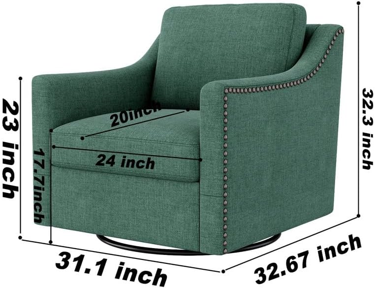 Swivel Accent Chair Armchair, 360° Swivel Chair in Cotton Linen, Living Room Chairs with Wide Cusion and Curved Armrest, Comfy Barrel Sofa Reading Chairs for Bedroom, Small Spaces, Office, Green