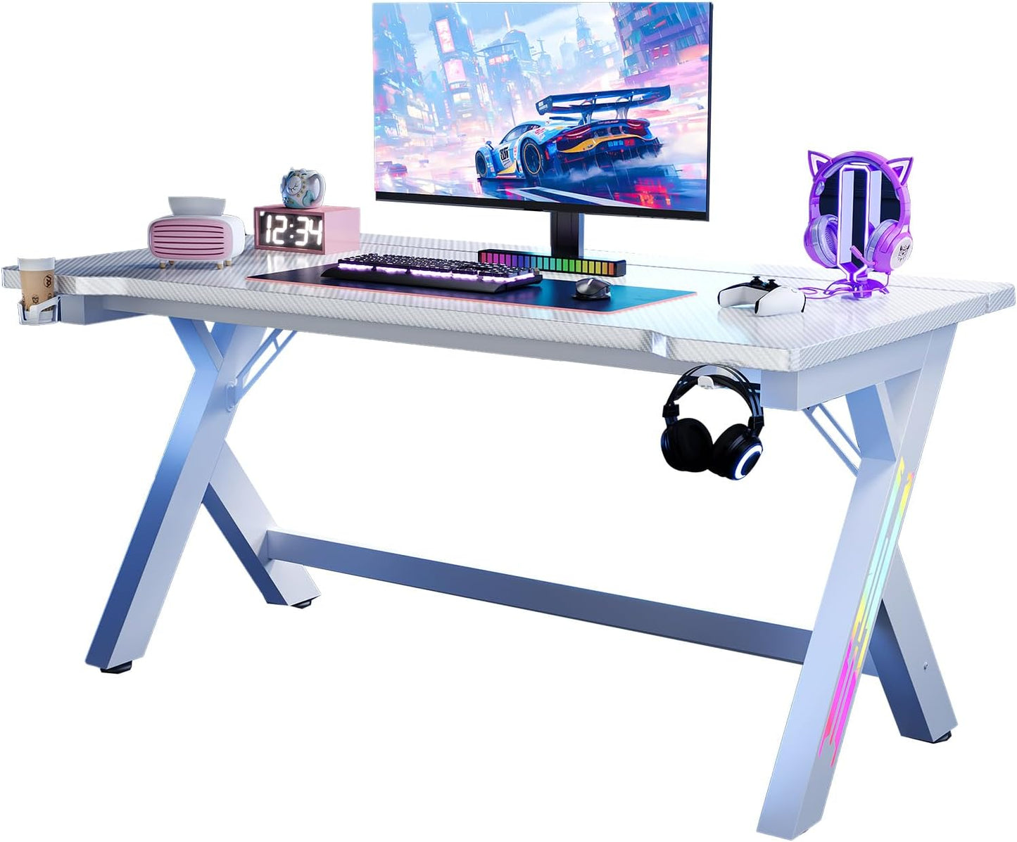 AZN Gaming Desk, 55'' Computer Desk, Gaming Desk w/LED Lights & Carbon Fiber Desktop, Home Office Desks w/Ergonomic Design, Computer Desks w/Cup Holder, Headphone Holder, Cable Organizer