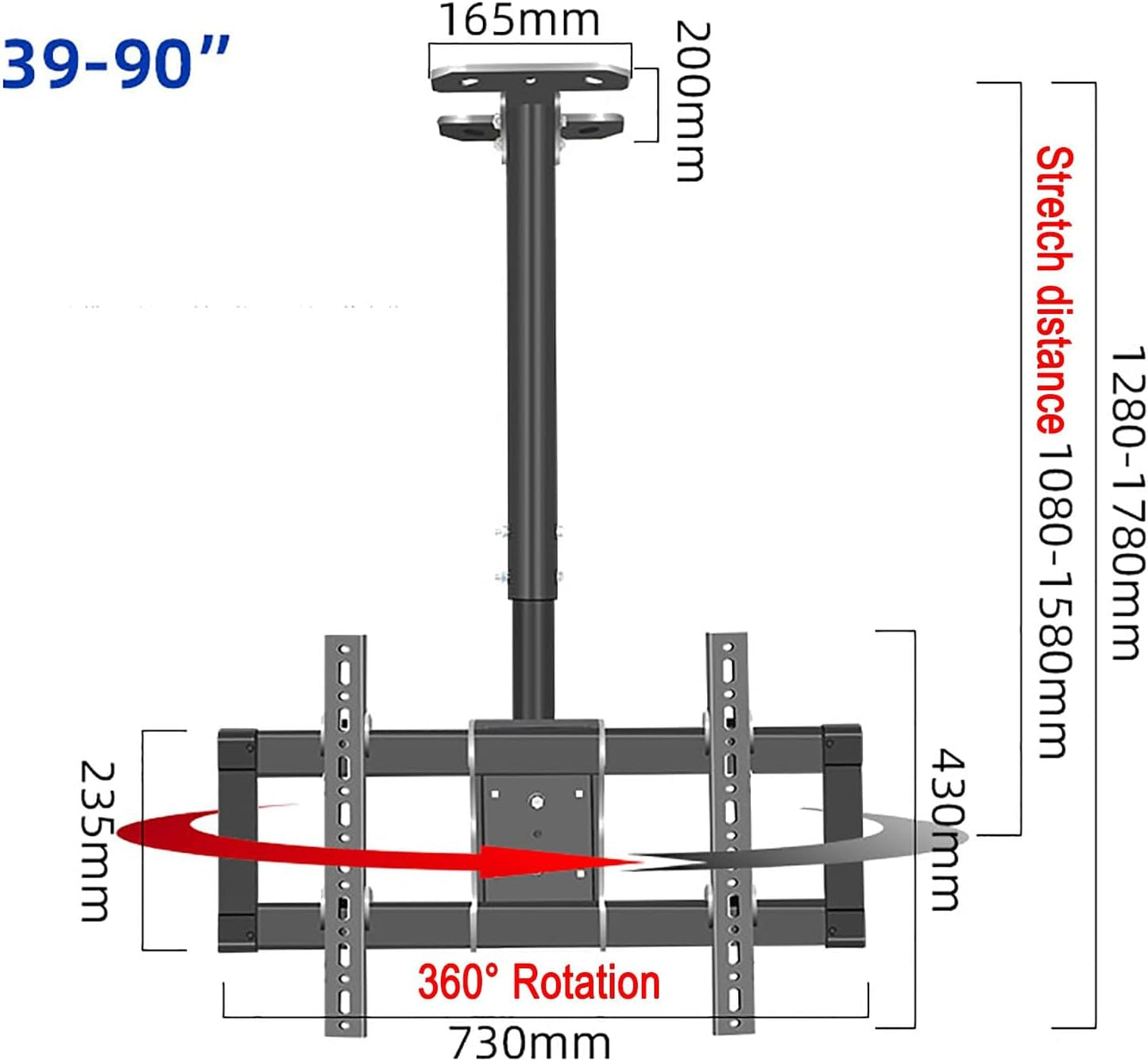 Adjustable Ceiling TV Mount Stand - Fits 39-90 Inch TVs Cable Management Max Load 85kg Easy Installation Compatible with VESA 600x400mm Perfect for Home Theater