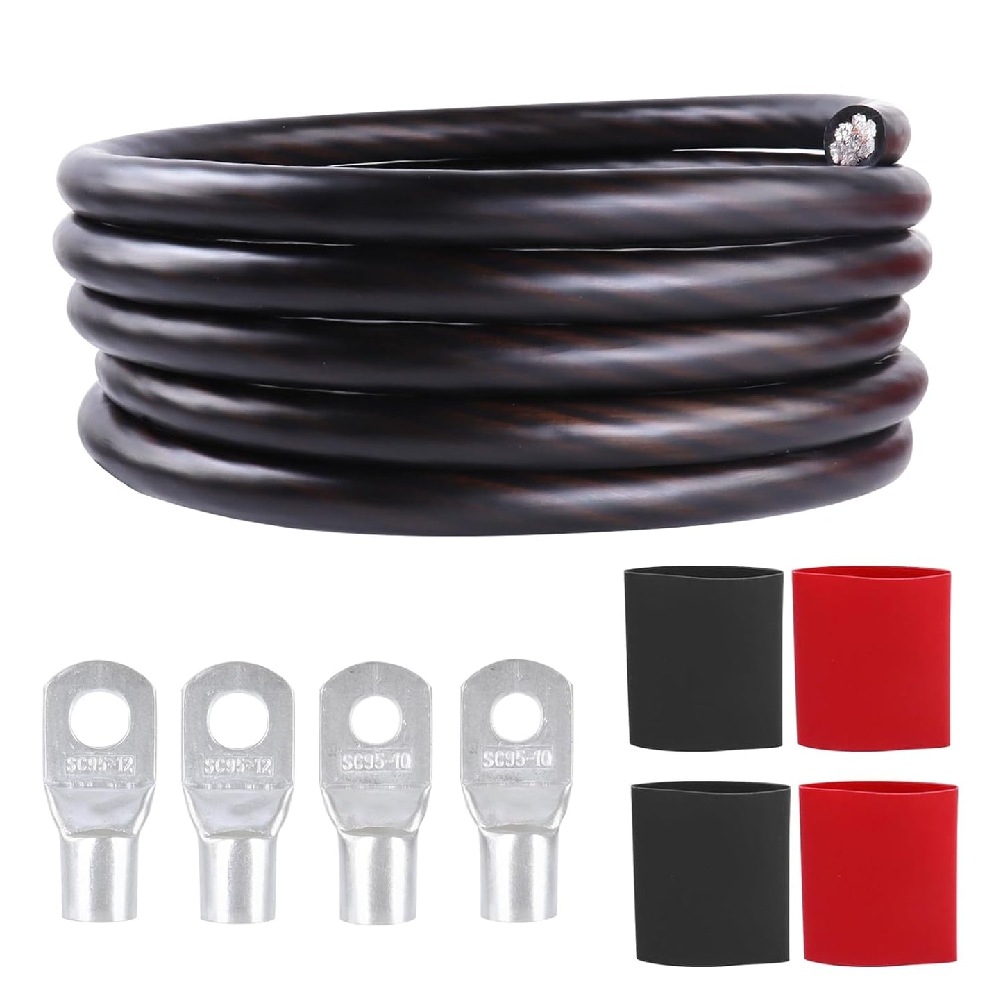2/0 Gauge Battery Cable (12 Feet Black, 12 Feet Red) - 2/0 AWG CCA Welding Wire with SC Connector Lugs & 3:1 Heat Shrink Tubes for Solar, Car, RV, Truck Cables