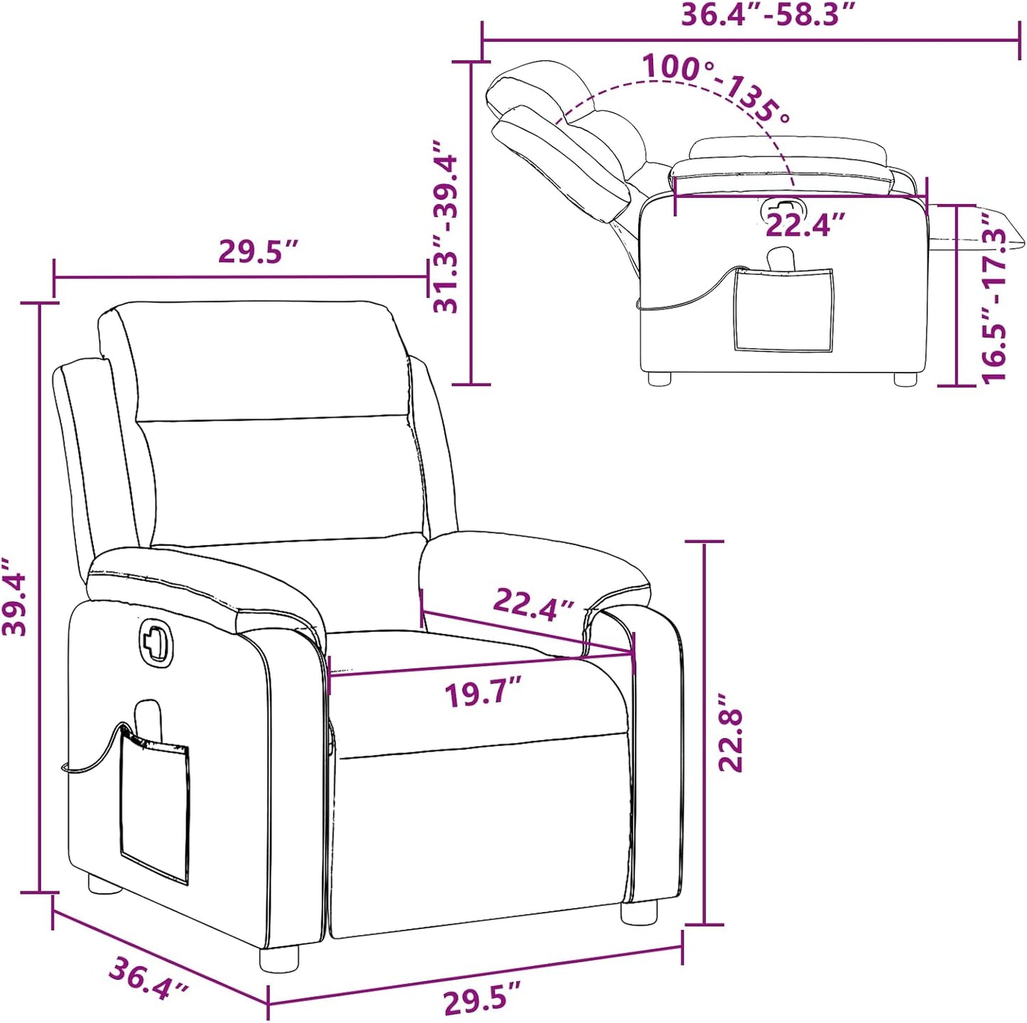 vidaXL Massage Recliner Chair with 6-Point Vibration Massage and Convenient Side Pocket, Grey Leather Rocker, Adjustable Backrest & Footrest Lounge Seat for Living Room, USB Charge Port