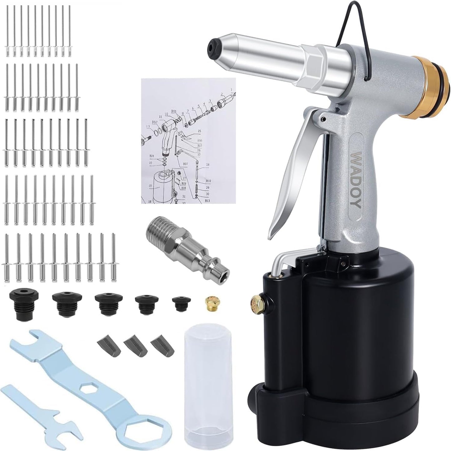 Air Rivet Gun Heavy Duty, Pneumatic Pop Rivet Gun Tool Set 3924lbf 50PCS Rivets with 3/16", 5/32", 1/8", 3/32",1/4" Air Riveter for Automotive, Construction, Industrial, Aluminum Boat Restoration