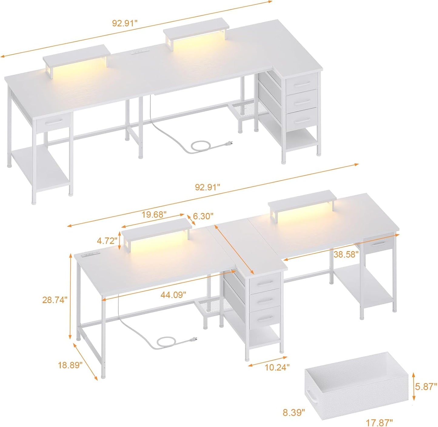 93" White 2 Person Office Desk, Long Computer Gaming Desk with Power Outlets & LED Lights, Large Home Office Desk with 4 Storage Drawers & 2 Monitor Stand for Work Writing Study