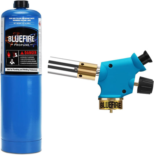 BLUEFIRE Handy Cyclone Torch Kit with Propane Cylinder Push Button Trigger Start Nozzle Head Fuel by Propane MAPP MAP PRO Gas Welding Soldering Brazing Cooking Glass Beads DIY