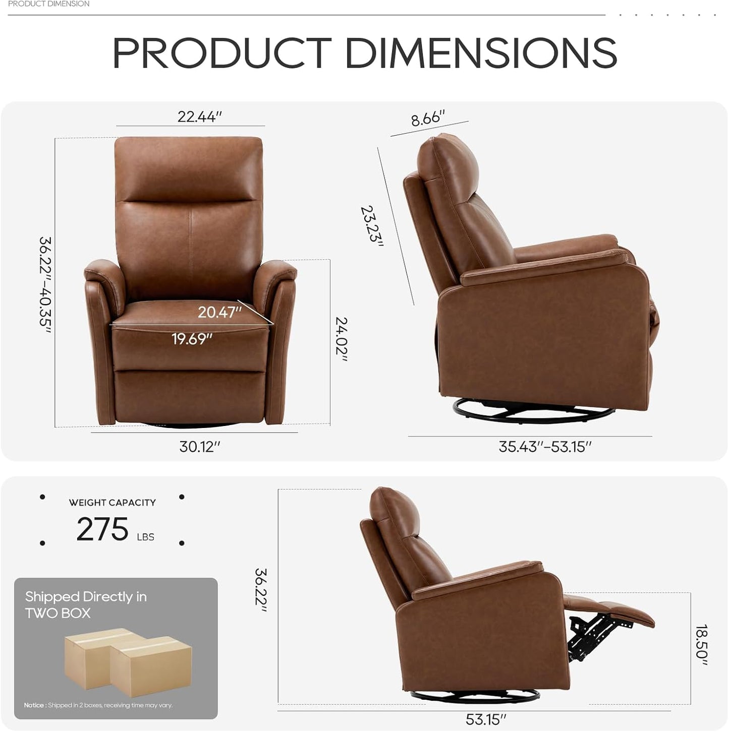 Swivel Rocking Recliner Glider Chair, Leather Reclining Rocker Chair with Footrest for Living Room, Nursery, Office, Bedroom, Ergonomic High Backrest, Wide Seat Cushion and Metal Base-Cocoa