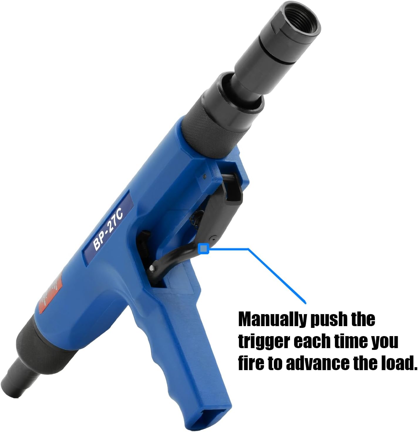 BluePoint Fasteners .27 Caliber Strip Semi-Automatic Feeding Low-Velocity Powder Actuated Ceiling Tool – Model BP-27C. Efficient and precise fastening for overhead applications.