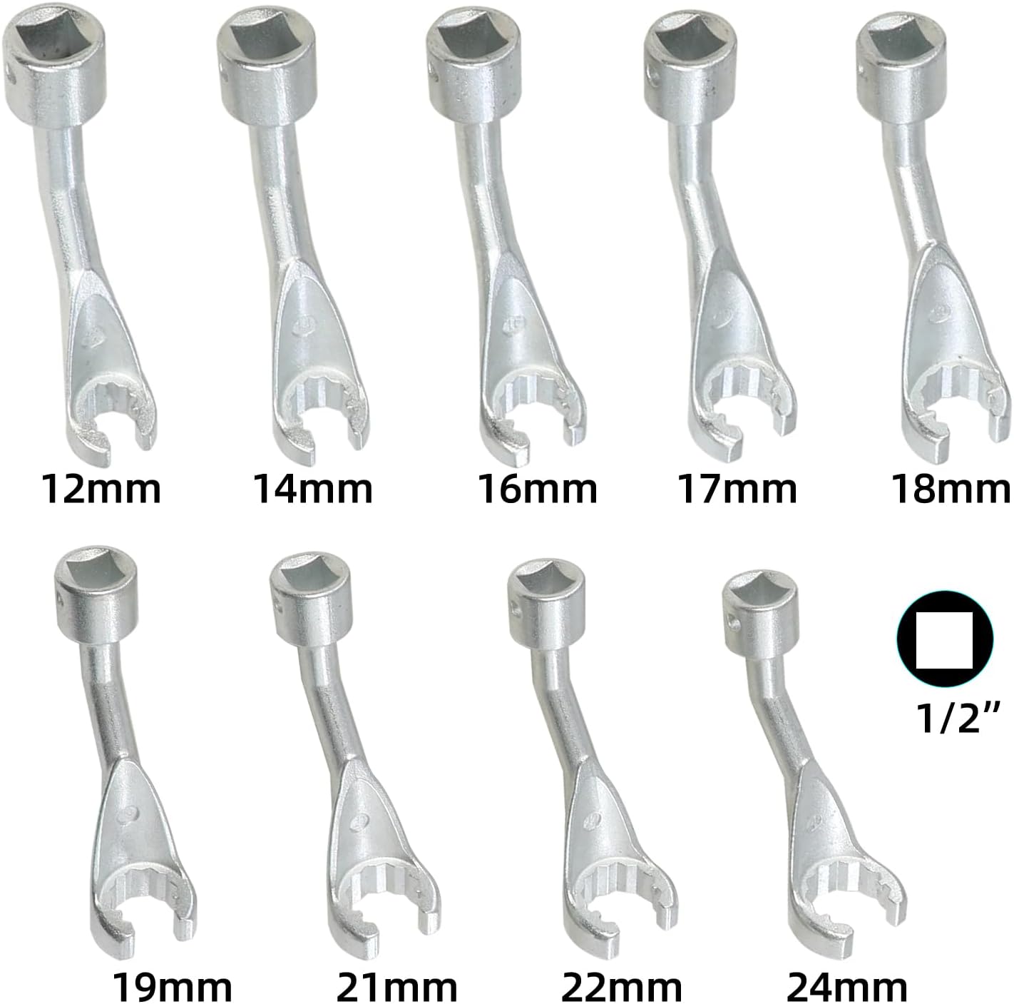 9pc Common Rail Injection Fuel Line Socket Set 12 Point Injector Fuel Line Socket 1/2" Dr 12mm 14mm 16mm 17mm 18mm 19mm 21mm 22mm 24mm Removal Temperature Sensors Thermo Switches