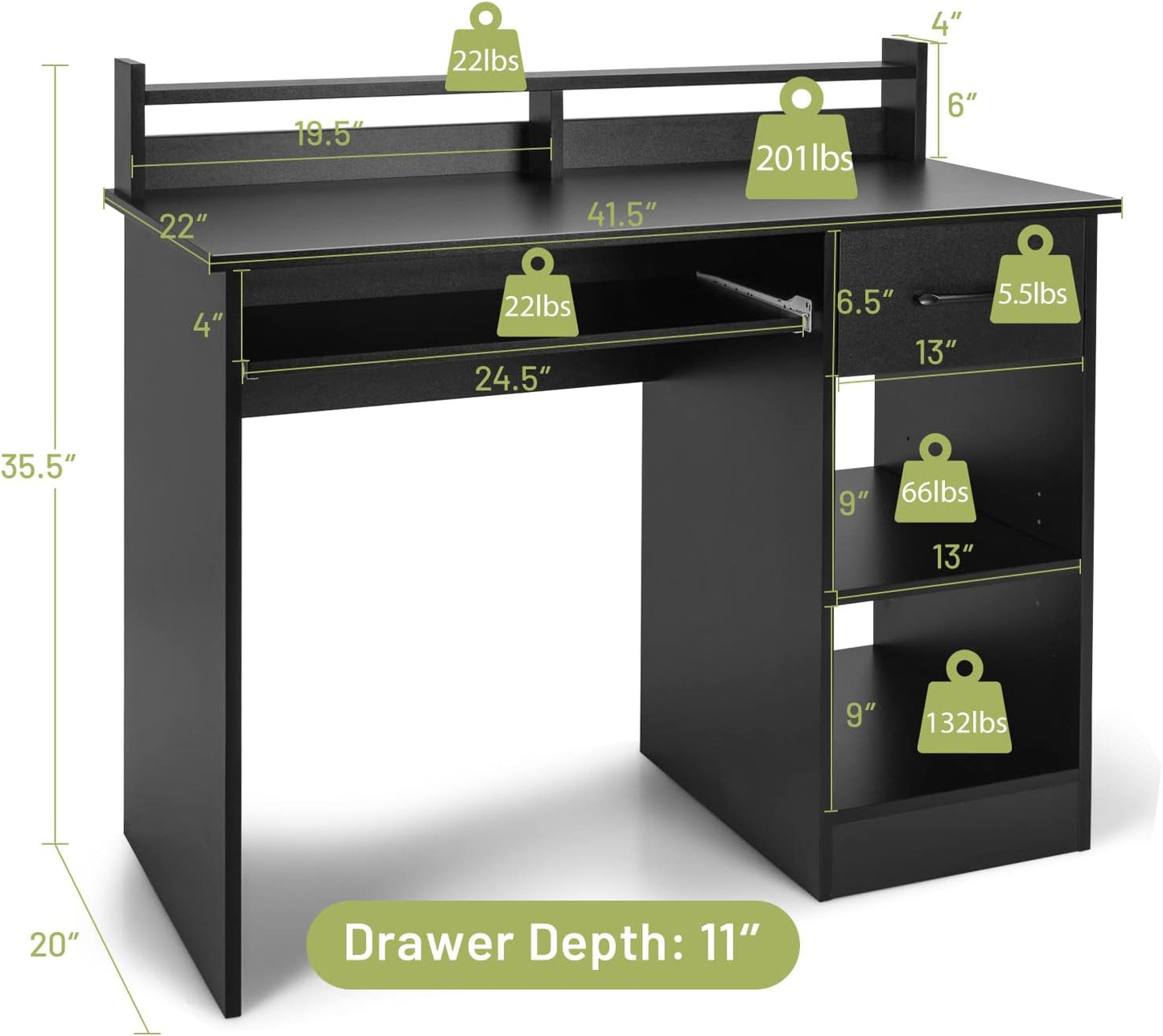 Tangkula Computer Desk with Drawer & Keyboard Tray, Modern Study Writing Desk with Desktop Hutch & Storage Shelves, Home Office Wooden PC Laptop Desk, Desk for Bedroom