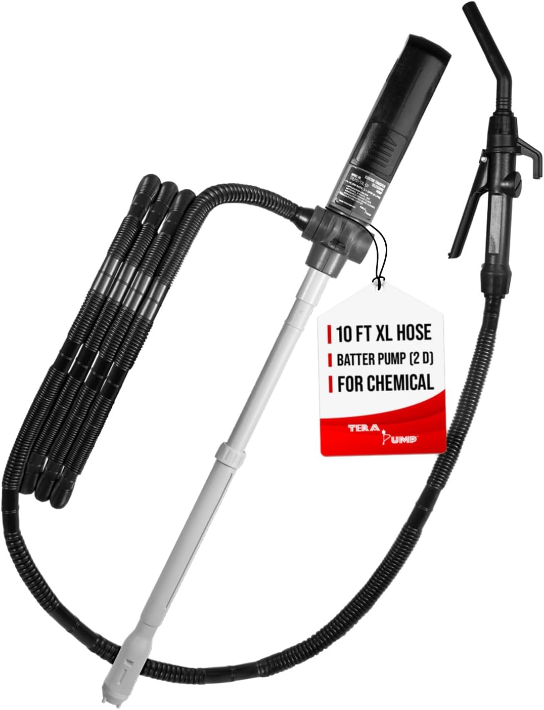 TERA PUMP Fuel Transfer Pump w/Flow Control Nozzle & Telescopic Tube - 3X Powerful D Battery Powered, 10FT XL Long Vinyl Discharge Hose, Multipurpose Portable Battery Pump For Gas, Diesel (2.3 GPM)
