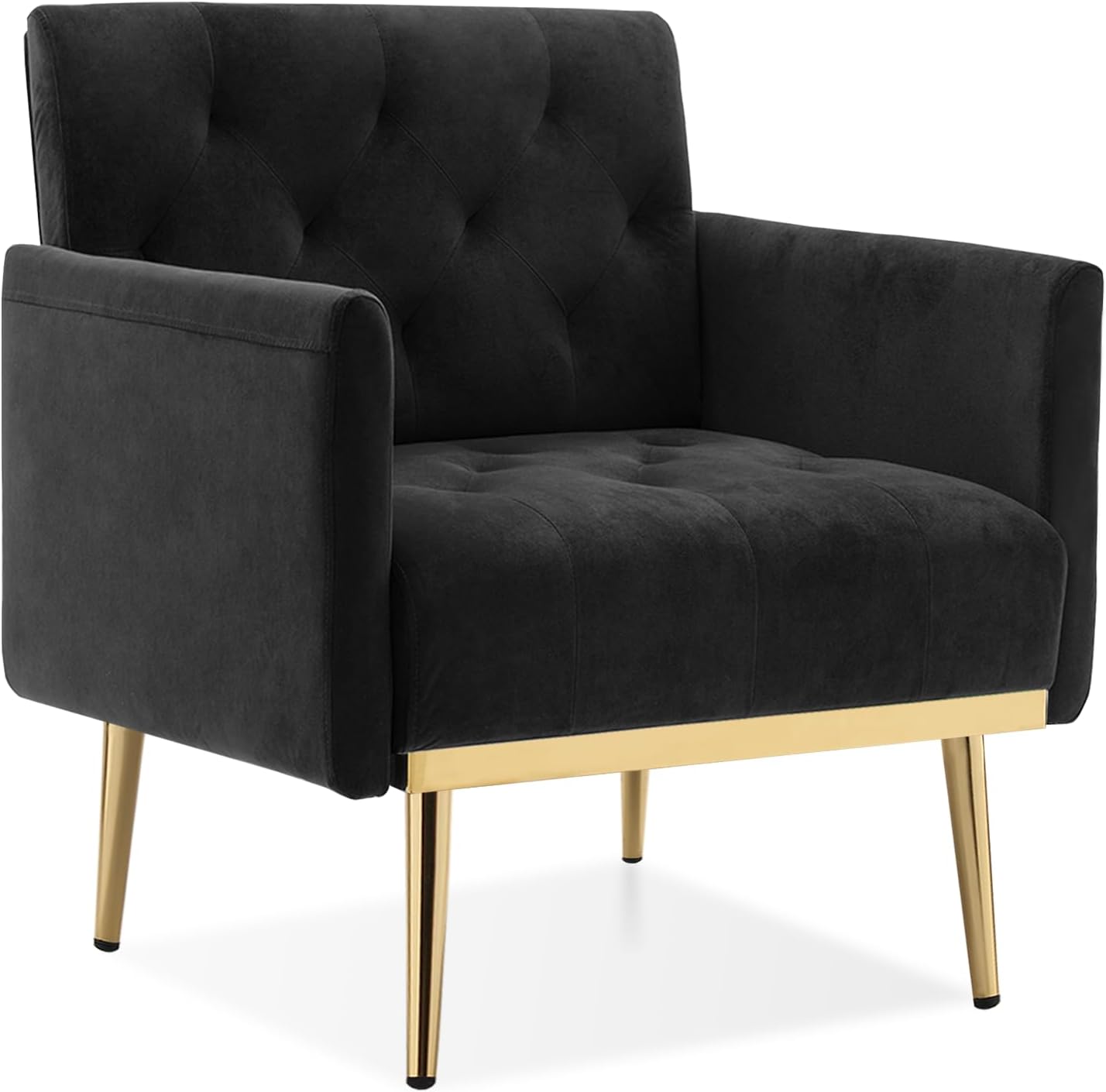Black Velvet Accent Chairs Set of 2, Comfy Button Tufted Armchair, Upholstered Arm Chair Single Sofa Reading Chairs with Arms and Gold Metal Leg for Living Room Bedroom Nursery Office
