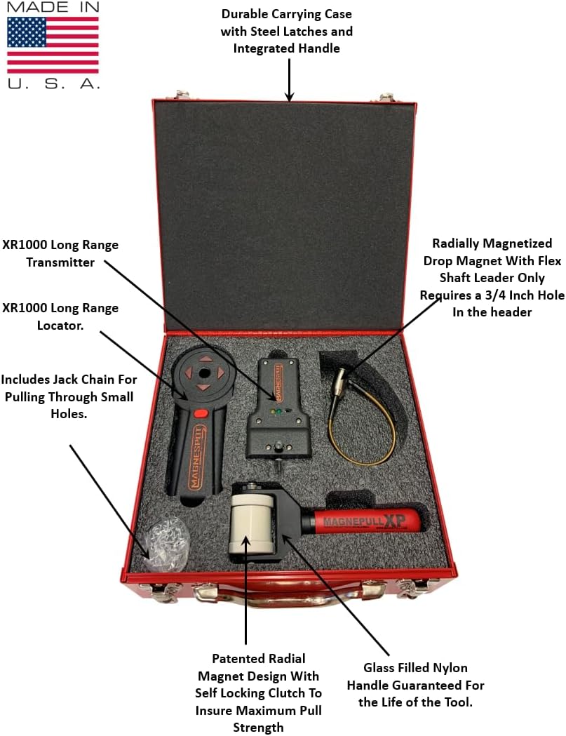 XP1000-MC-XR-1 Magnetic Wire Puller for Electrical Tools W/Flexible Steel Leader & Magnespot Reference Point Locator for Locating Drill Spots Through Walls or Floors