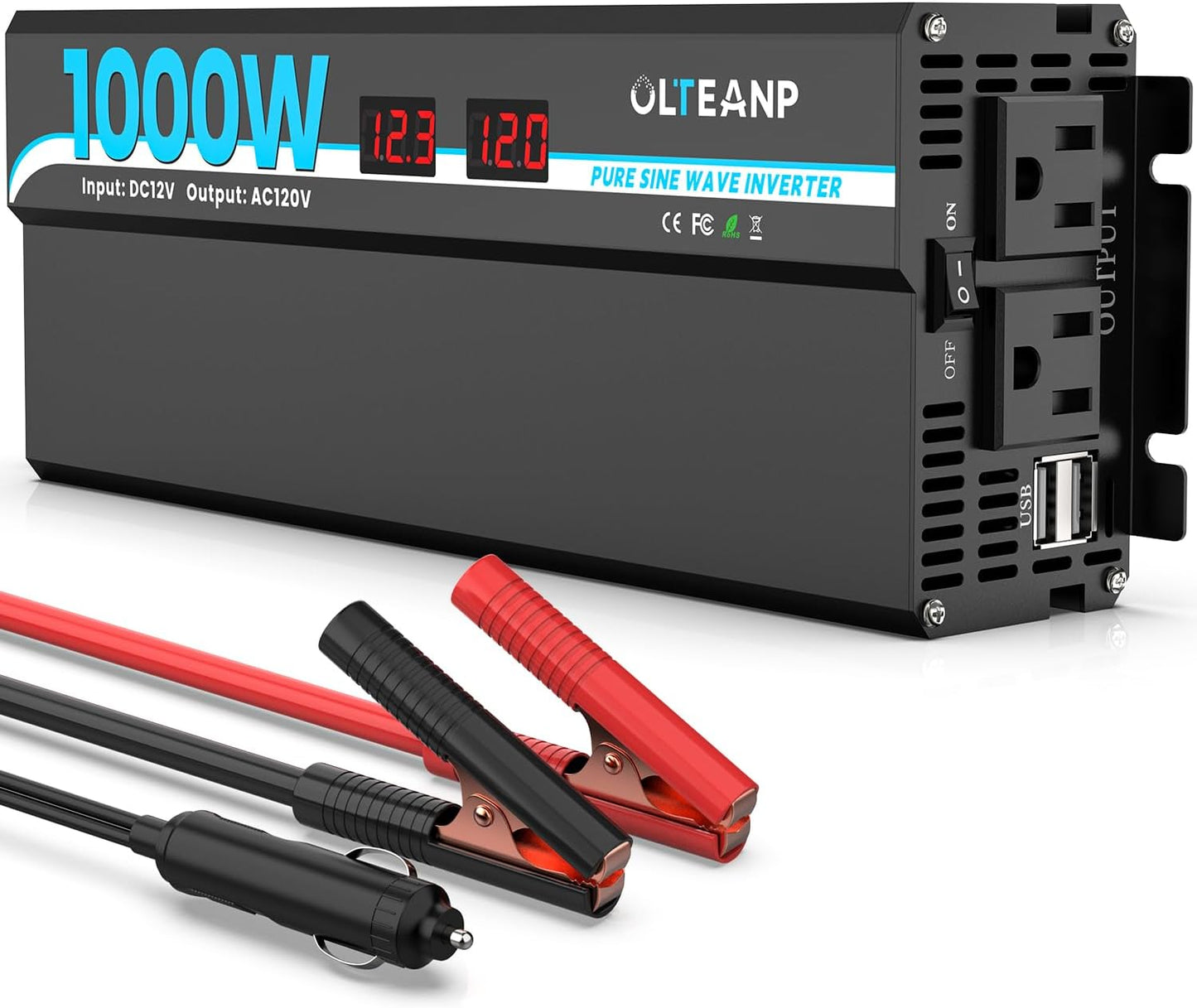 600W Power Inverter Pure Sine Wave Inverter 12V DC to 120V AC Converter for Car, Truck, Home, Vehicles, Laptop, Car Inverter 12V to 110V with 2 AC Outlets, 2 USB Ports, LCD Display