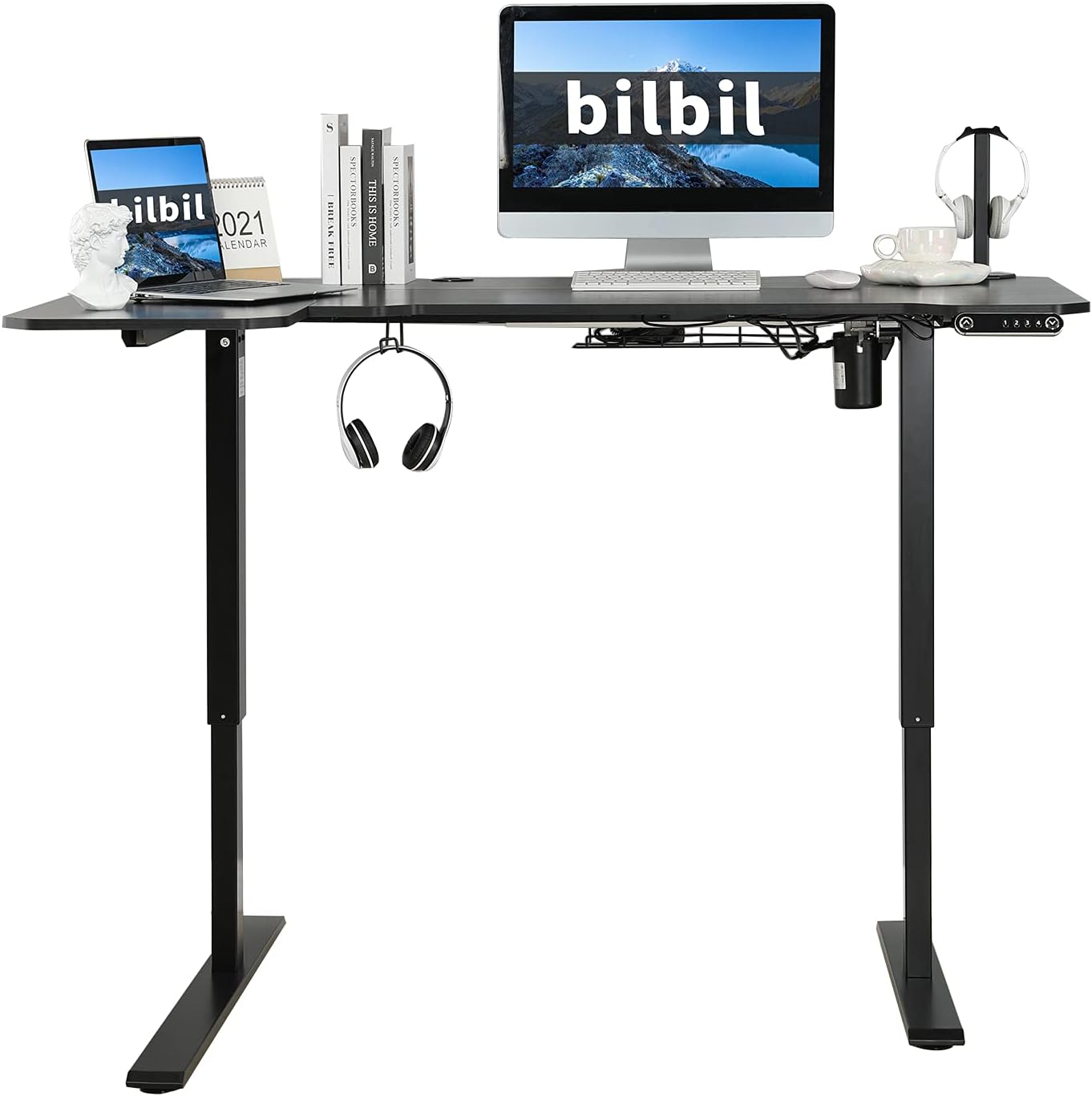 bilbil 59 Inches L-Shaped Electric Height Adjustable Standing Desk, Stand Up Home Office Desk with 4 Memory Preset Options, Double-Beam Construction, Anti-Collision Technology