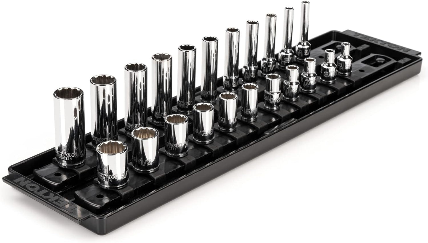 TEKTON 1/4 Inch Drive 12-Point Socket Set with Rails and Tray, 22-Piece (5/32-9/16 in.) | SHD90213