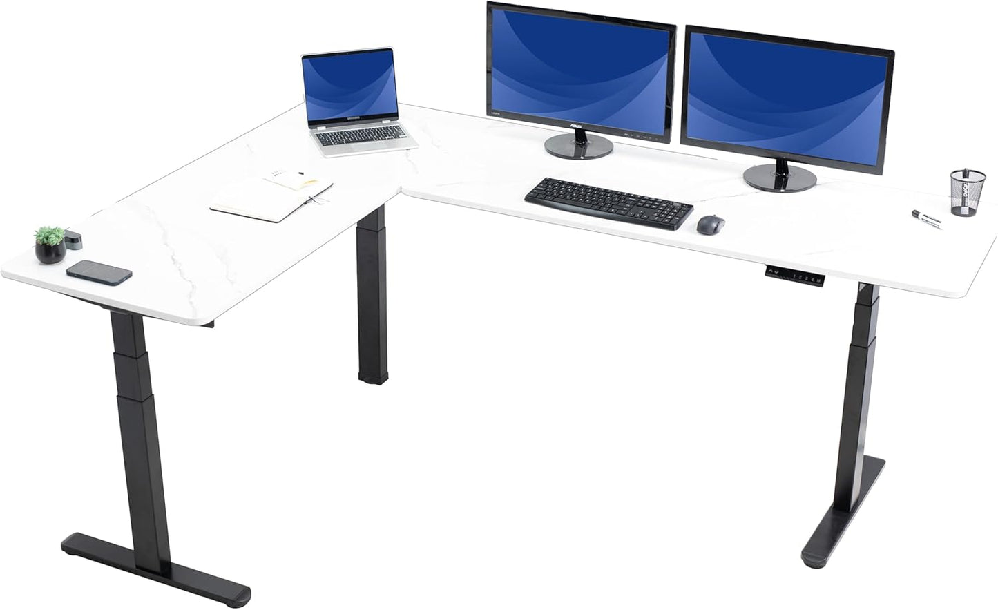 VIVO Electric Height Adjustable 83 x 60 inch Corner Stand Up Desk, 2 Light Wood Solid Table Tops, White Frame, Memory Controller, L-Shaped Workstation, 3E Series, DESK-KIT-3E8C