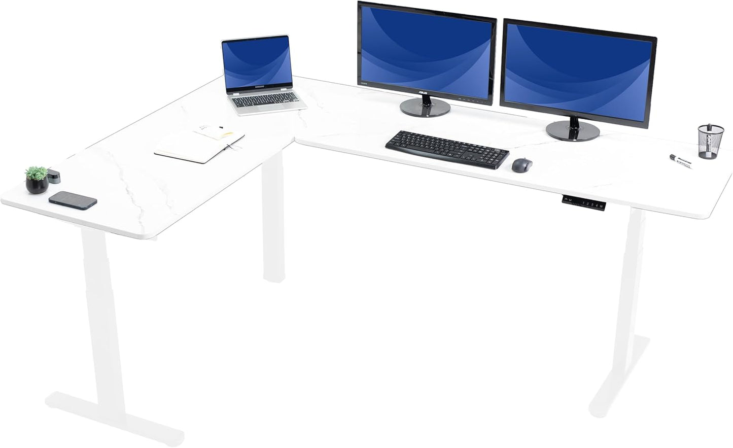 VIVO Electric Height Adjustable 83 x 60 inch Corner Stand Up Desk, 2 Light Wood Solid Table Tops, White Frame, Memory Controller, L-Shaped Workstation, 3E Series, DESK-KIT-3E8C