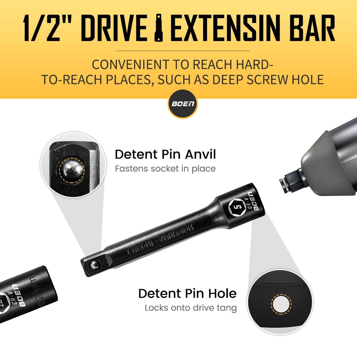 BOEN 1/2" Drive Impact Socket Set, 33 Piece Deep & Shallow Metric Socket Set 8mm to 22mm, Includes 5", 10" Extension Bars, Universal Joint, 6 Point Design, Cr-V Steel, Meets ANSI Standards