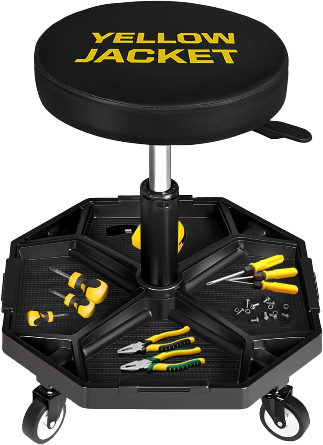 YELLOW JACKET Rolling Garage Seat with Wheels Adjustable Height Pneumatic Mechanic Stool 300Lbs Heavy Duty Shop Creeper Seat with 4 Removable Storage Tool Tray Workshop Chair for Auto Repair