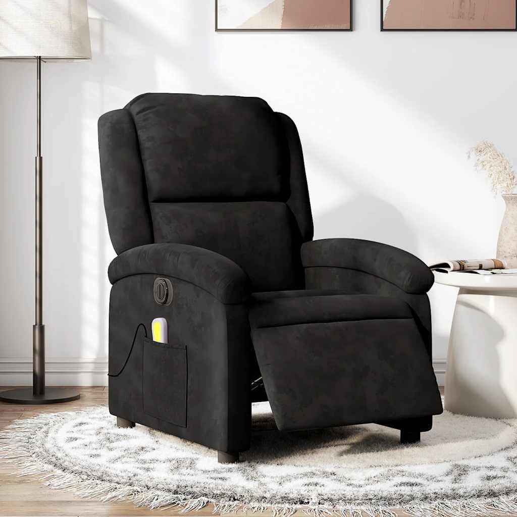 vidaXL Electric Massage Recliner Chair - Wingback Black Velvet Armchair with Vibration Function & Motorized Recline for Living Room/Bedroom