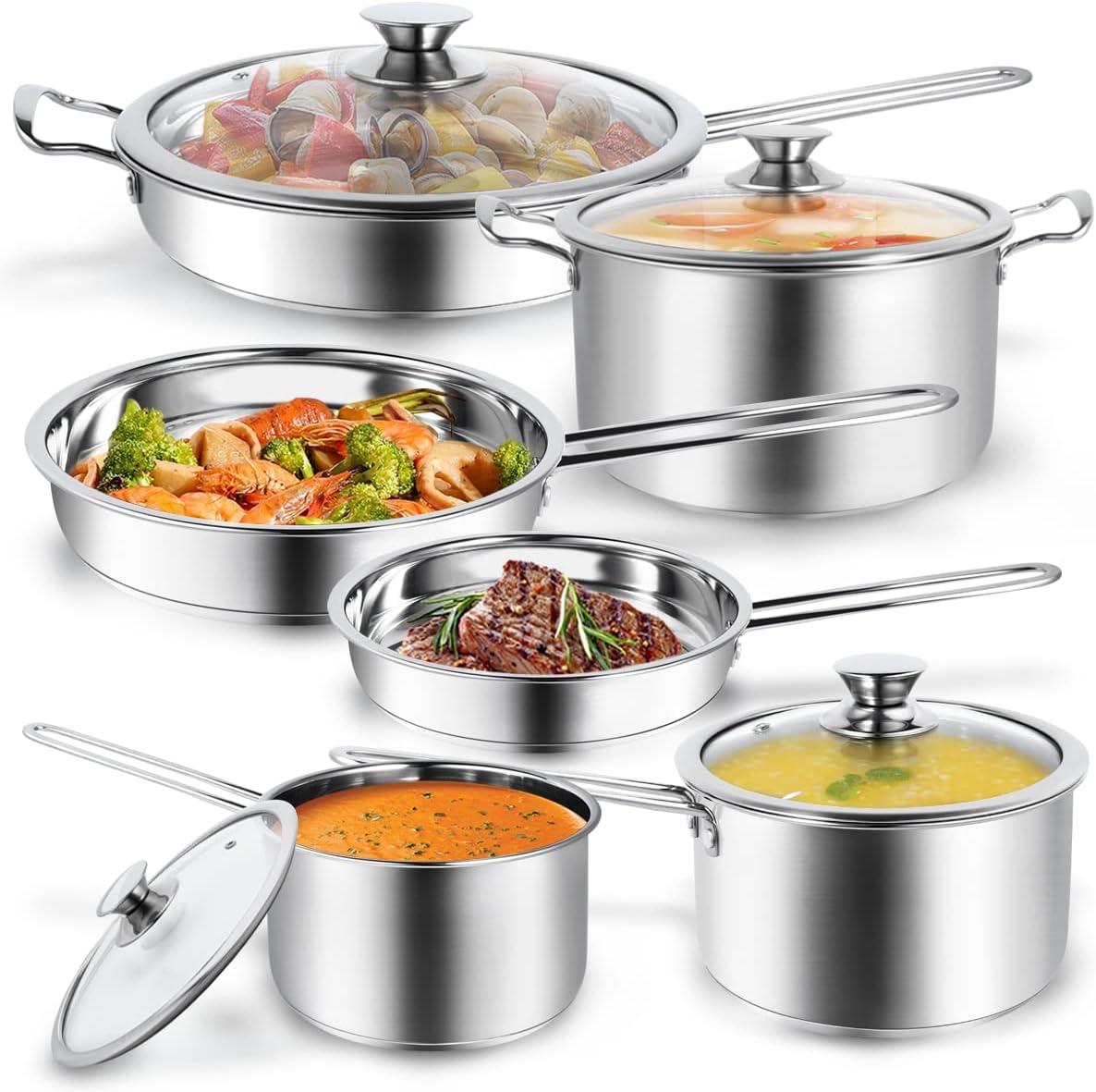 Stainless Steel pots and pans set, 6 Piece Nonstick Kitchen Induction Cookware Set,Works with Induction/Electric and Gas Cooktops, Nonstick, Dishwasher
