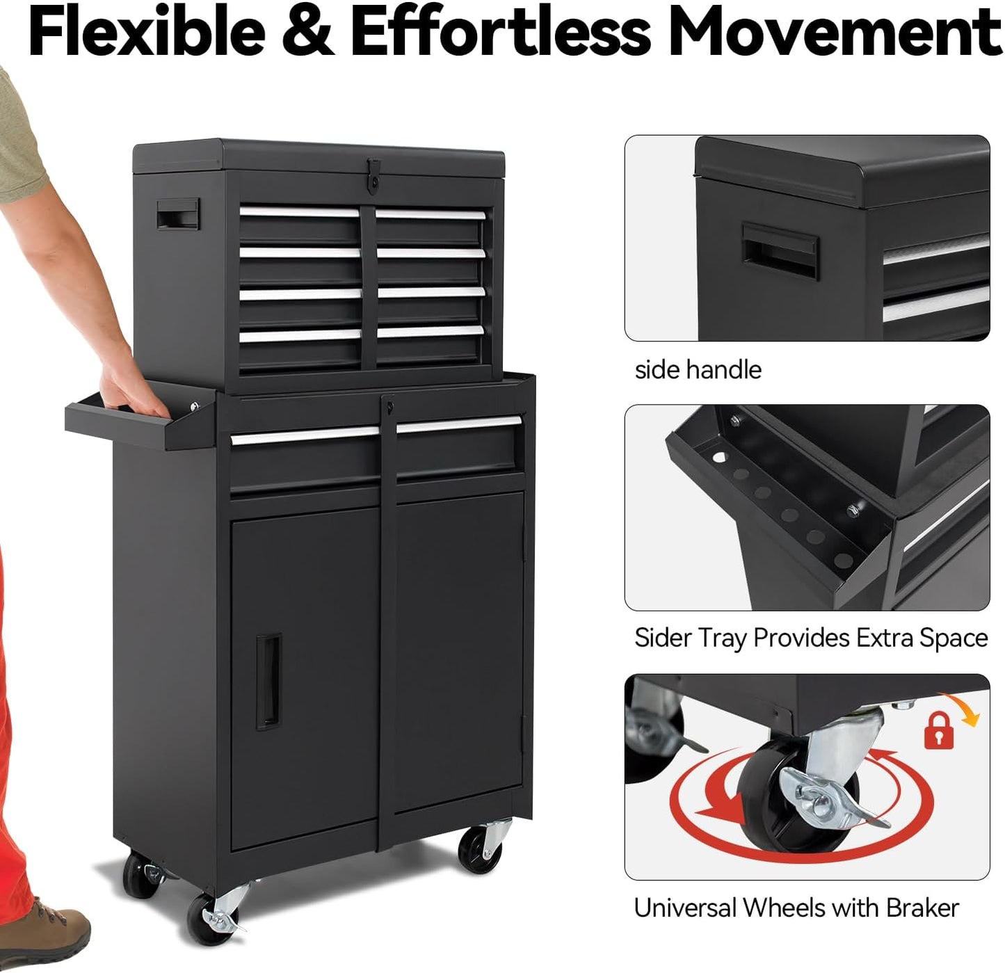 5-Drawer Rolling Tool Chest, High Capacity, Adjustable Shelf, Lockable Drawers, Detachable 2 in 1 Mechanic Tool Box Storage Cabinet with Wheels for Garage Workshop Warehouse Repair Shop