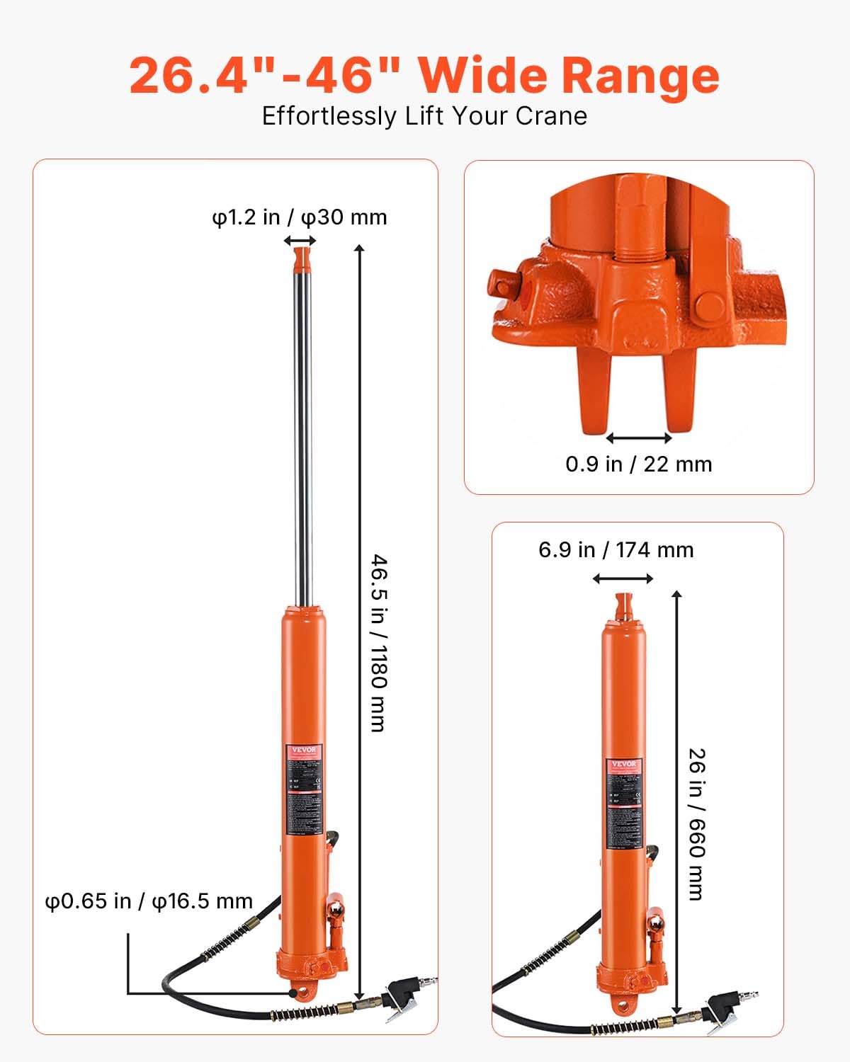 VEVOR 8-Ton Hydraulic Long Ram Jack, Engine Hoist Cylinder with Air Pump & Single Piston, Clevis Base Cylinder for Engine Lifts, Garage/Shop Cranes, Mechanical & Farm Applications