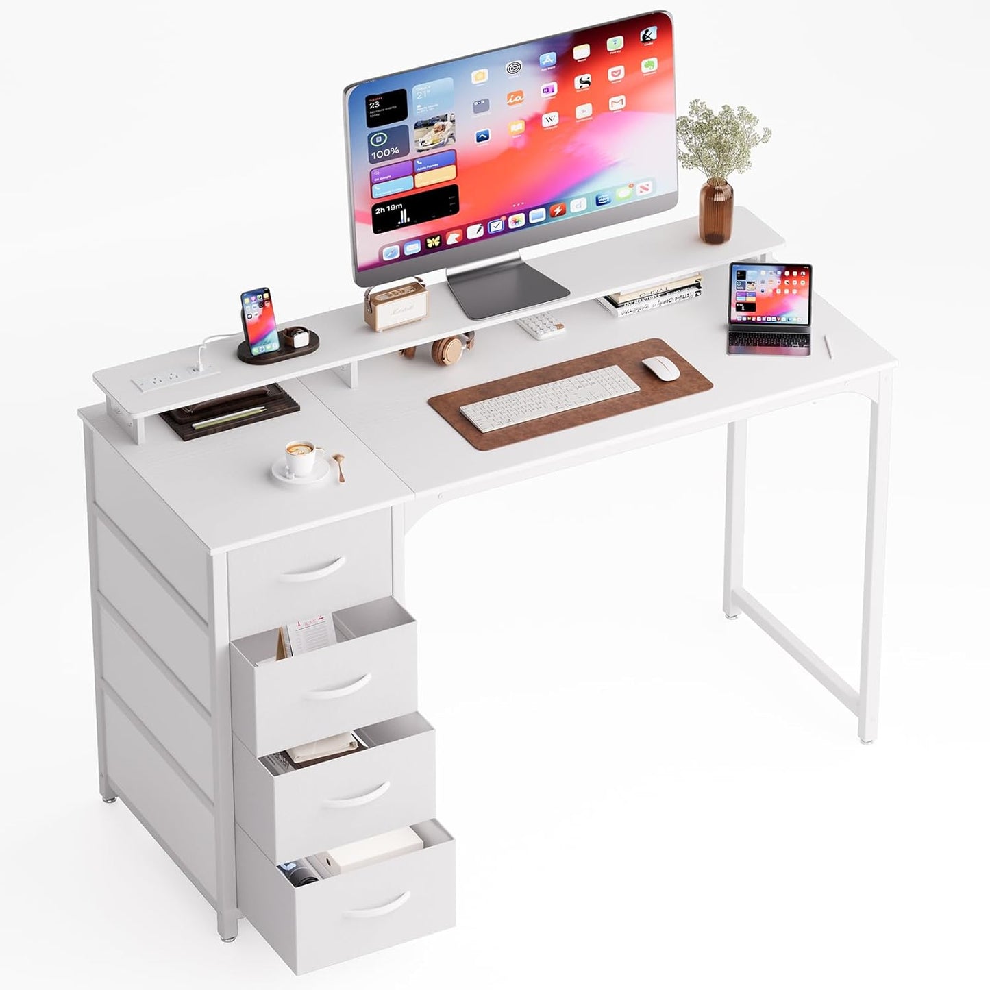 47-inch Computer Desk with 3 Drawers, Small Home Office Desk with Storage Shelves and Sturdy Metal Frame, White
