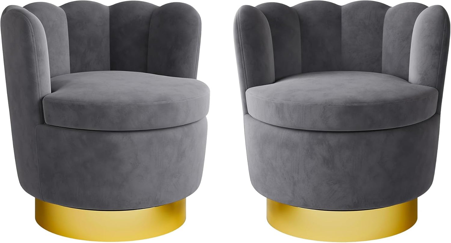 BELLEZE Swivel Accent Chair, Velvet Modern Round Petal Swivel Barrel Chair, 360° Upholstery Swivel Sofa Armchair, Comfy Swivel Accent Chair for Living Room Bedroom - Lotus (Dark Grey)