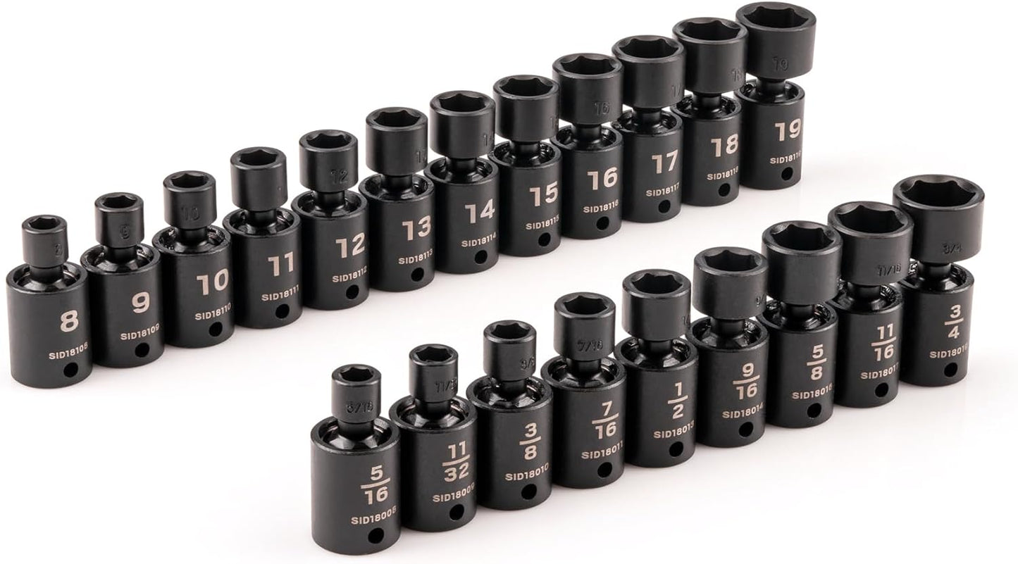 TEKTON 3/8 Inch Drive 6-Point Universal Joint Impact Socket Set with Case, 34-Piece (1/4-1 in., 6-24 mm) | SID97303